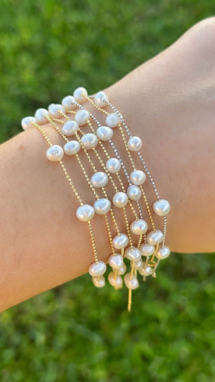 14K Gold Pearl Bracelet: Sterling Silver Freshwater Pearl Bridemaids Wedding Jewelry Gifts