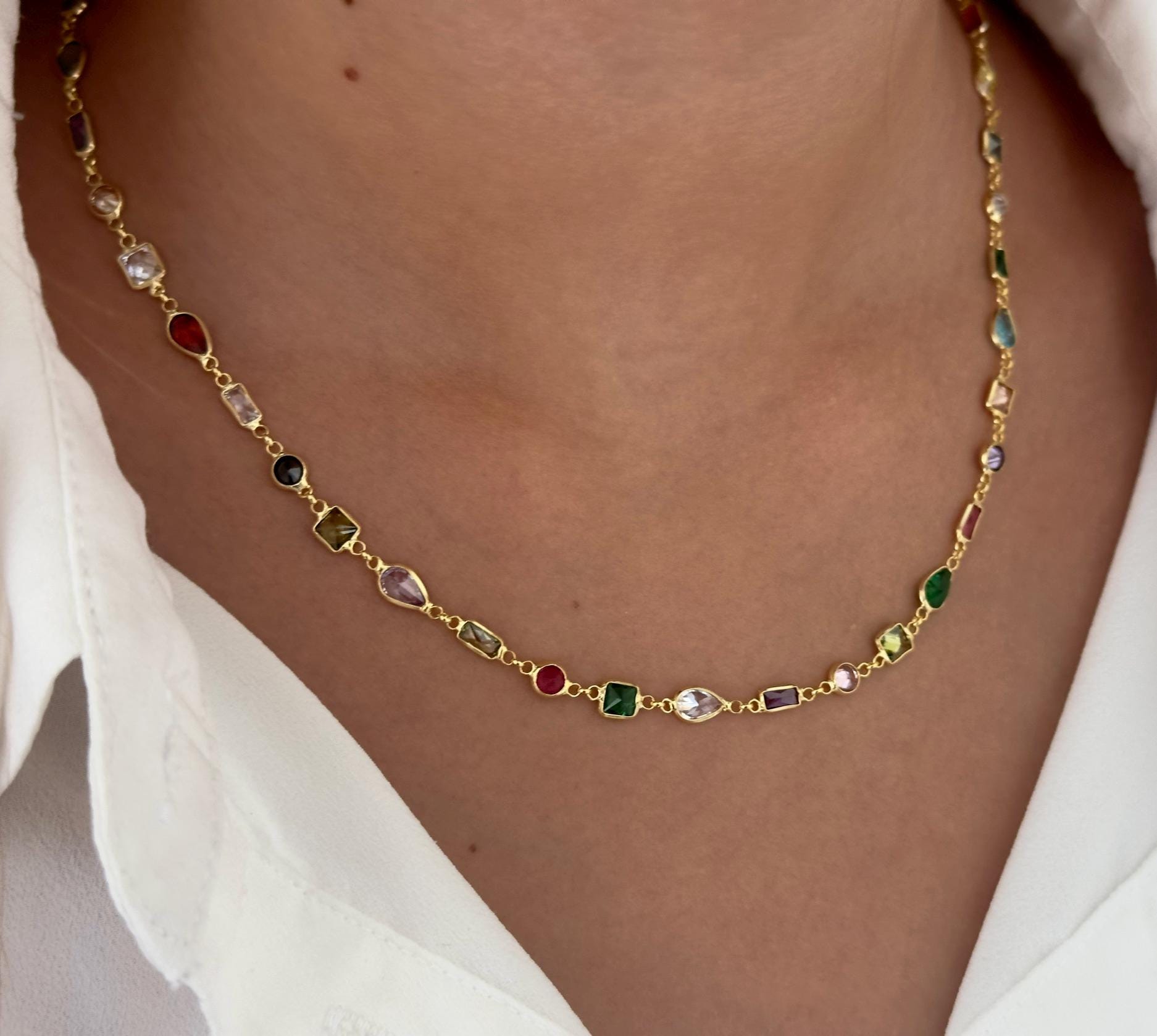 CZ Chain Necklace, Colorful Diamond Necklace 18k Gold, Multicolor Layering Necklace Multi Stones, 925 Sterling Silver Stack Jewelry Gift Women Girls