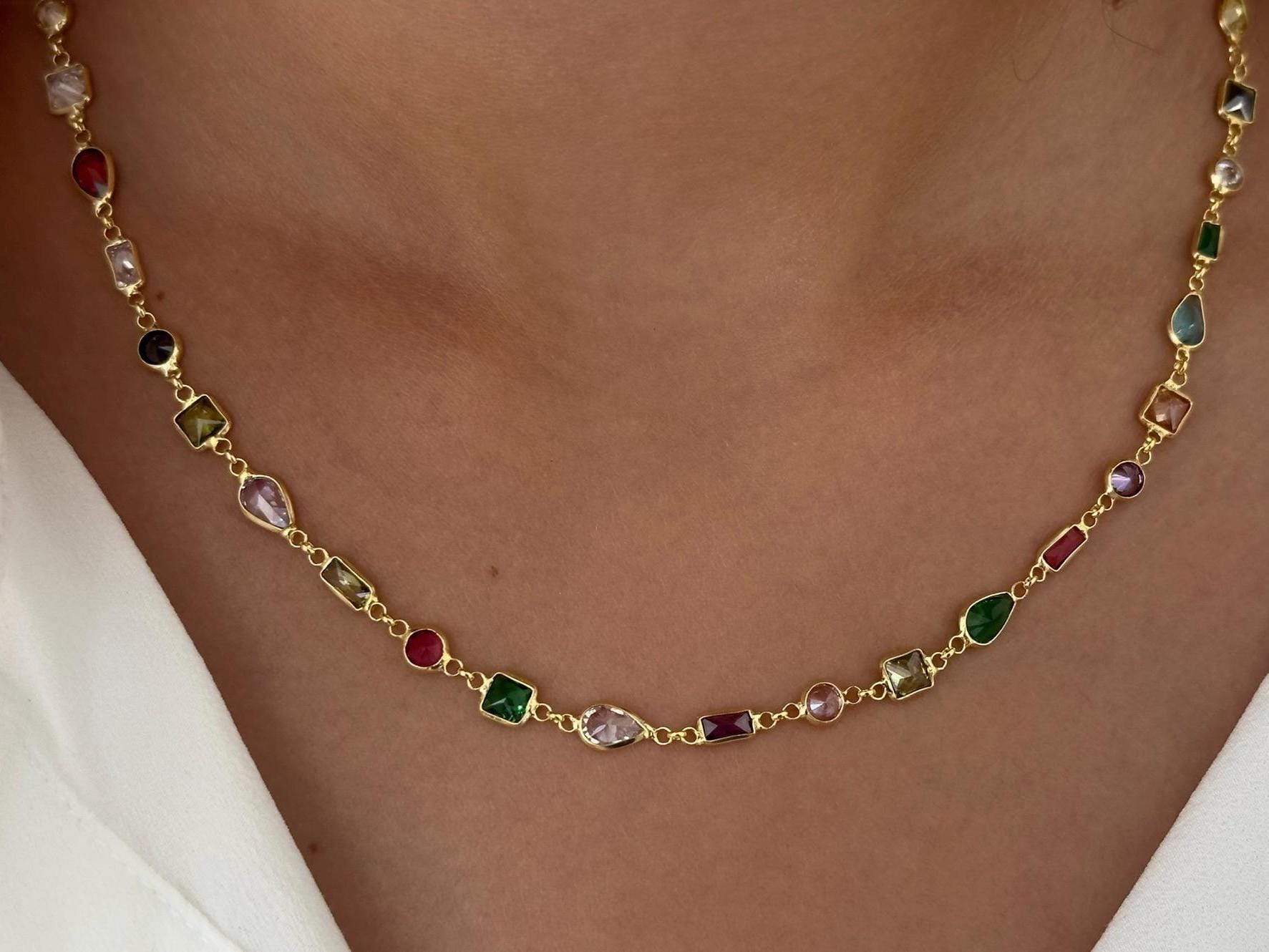 CZ Chain Necklace, Colorful Diamond Necklace 18k Gold, Multicolor Layering Necklace, 925 Sterling Silver Stack Jewelry Gift Women Girls
