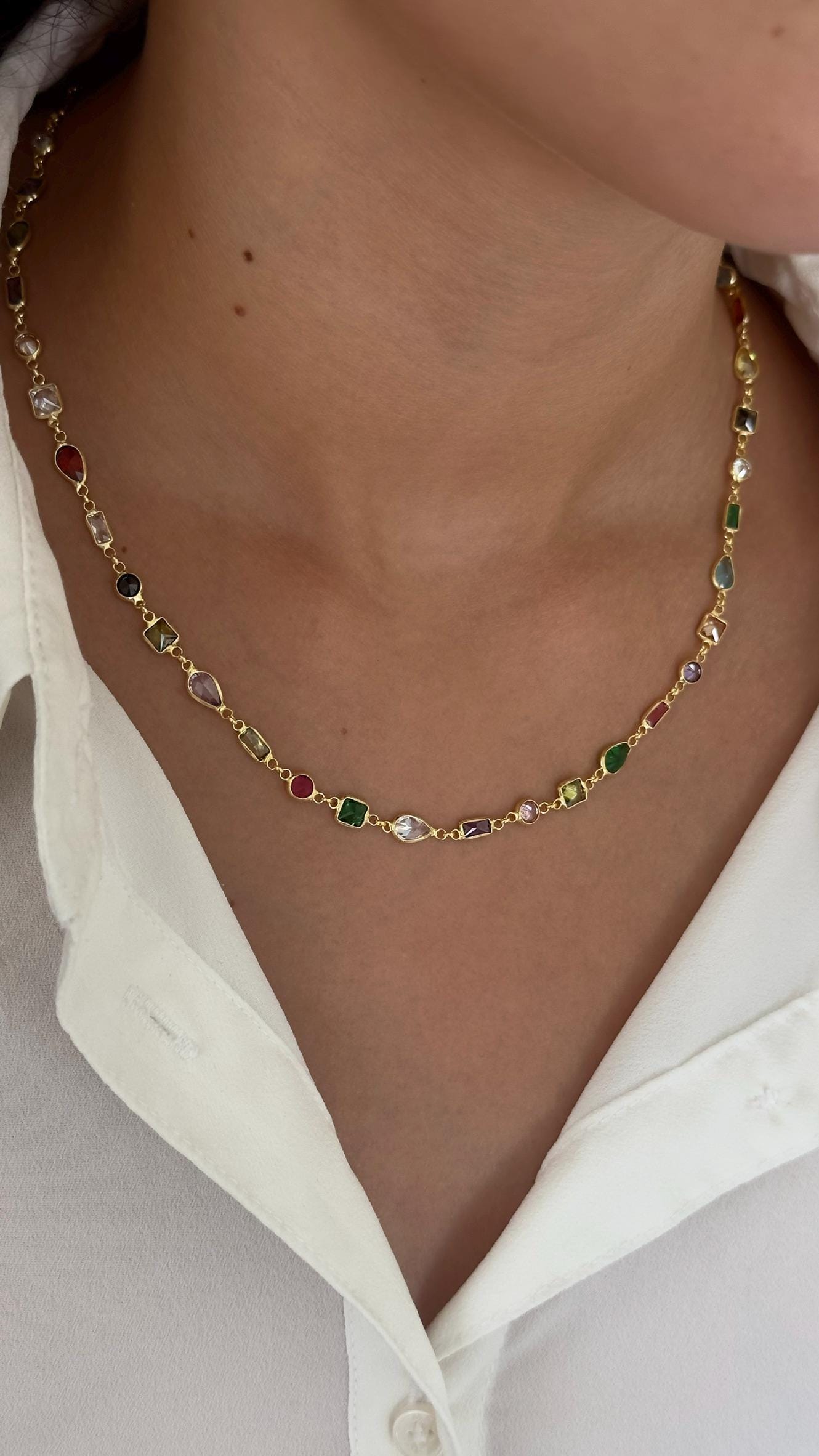 Multi Stone Gemstone Necklace, Colorful CZ Diamond 14k Gold Plated, 925 Sterling Silver