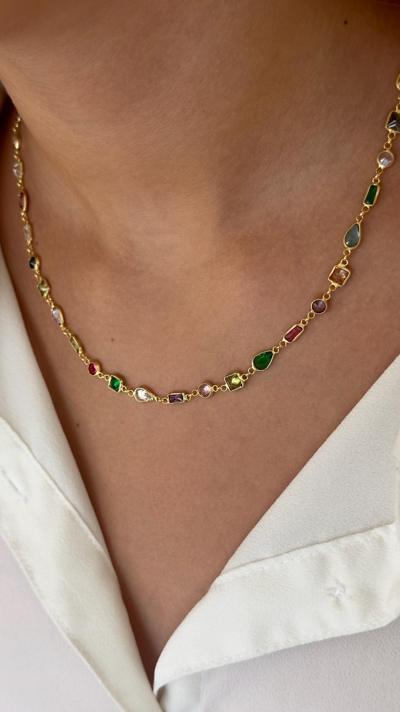Multi Stone Gemstone Necklace, Colorful CZ Diamond 14k Gold Plated, 925 Sterling Silver