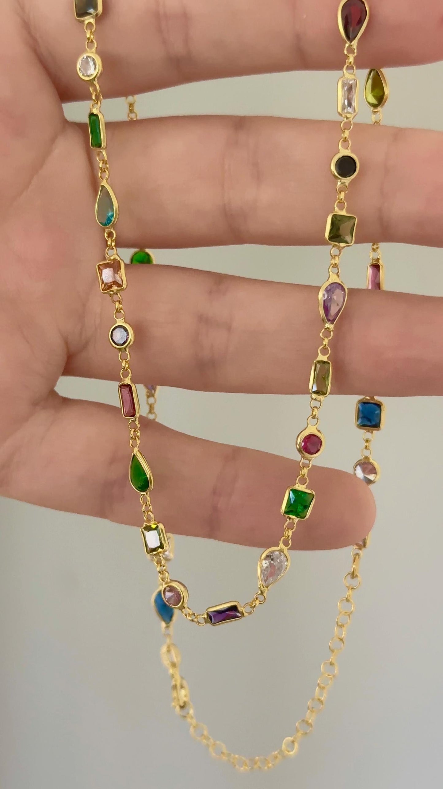 Multi Stone Gemstone Necklace, Colorful CZ Diamond 14k Gold Plated, 925 Sterling Silver