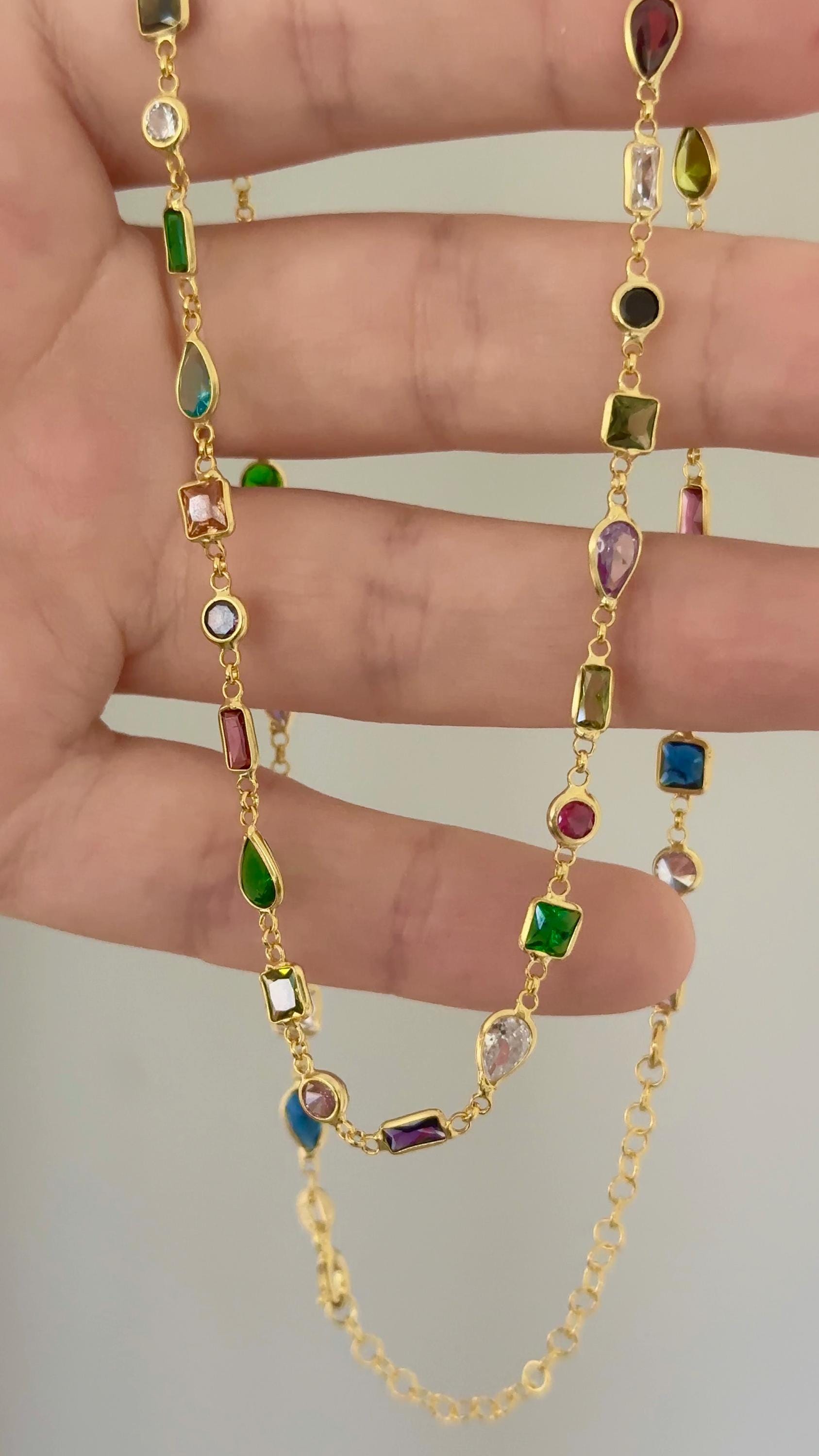 Multi Stone Gemstone Necklace, Colorful CZ Diamond 14k Gold Plated, 925 Sterling Silver