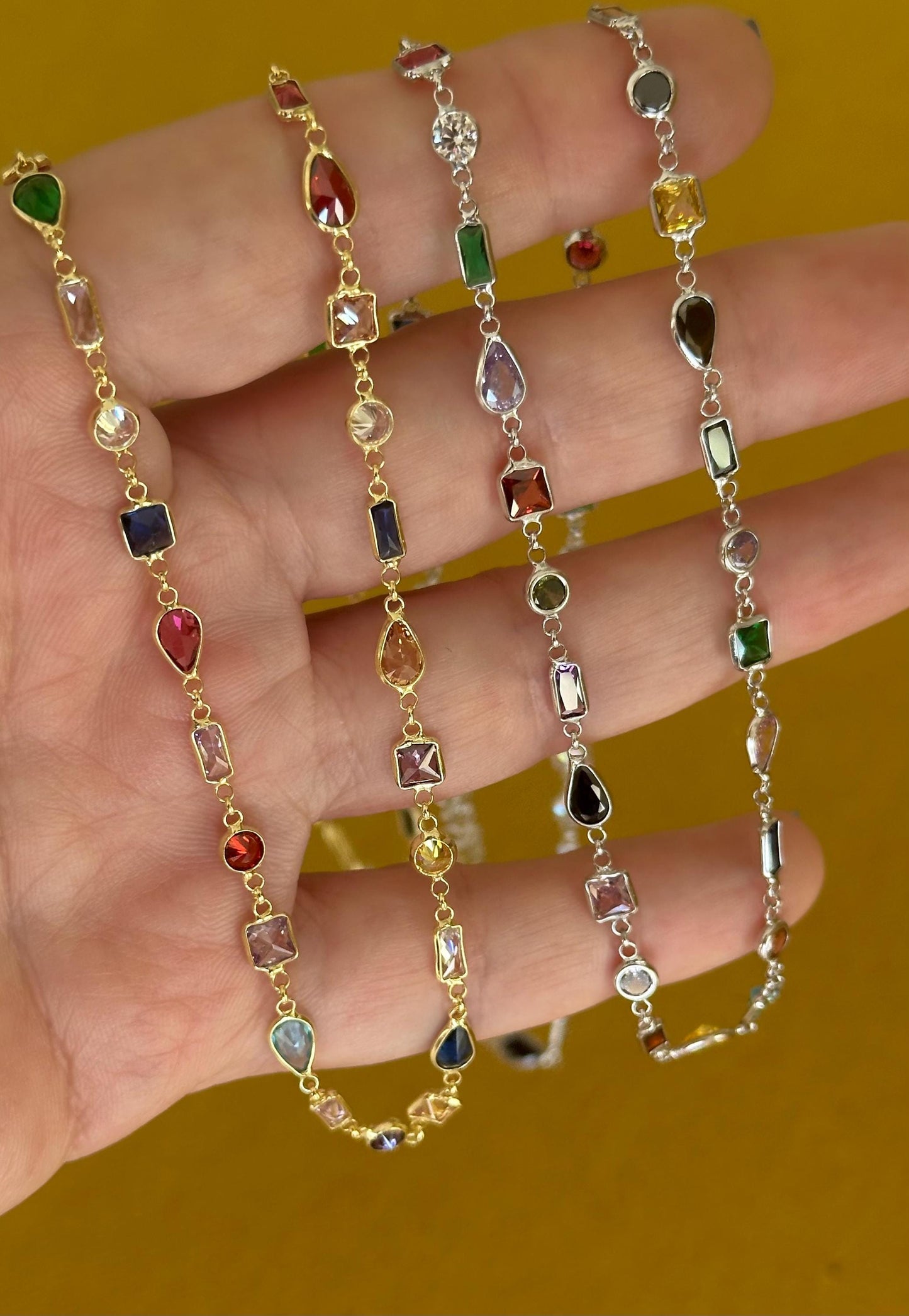 Multi Stone Gemstone Necklace, Colorful CZ Diamond 14k Gold Plated, 925 Sterling Silver