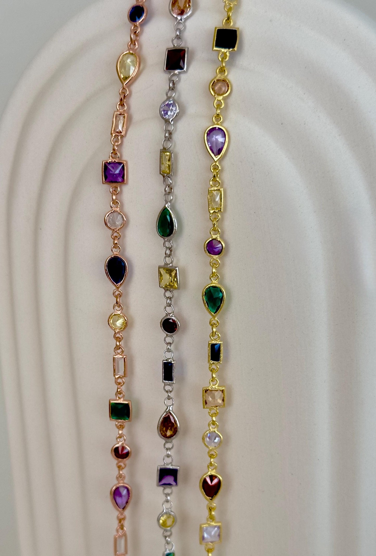 Multi Stone Gemstone Necklace, Colorful CZ Diamond 14k Gold Plated, 925 Sterling Silver
