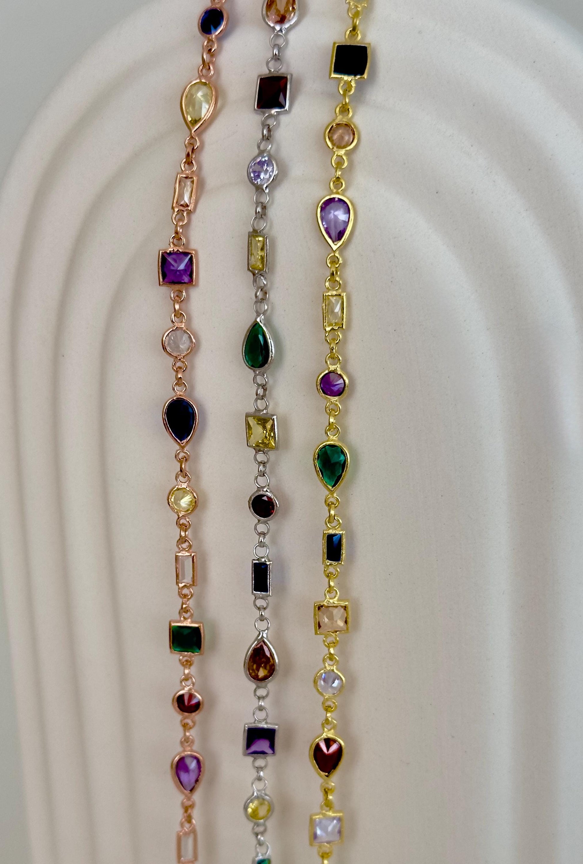Multi Stone Gemstone Necklace, Colorful CZ Diamond 14k Gold Plated, 925 Sterling Silver