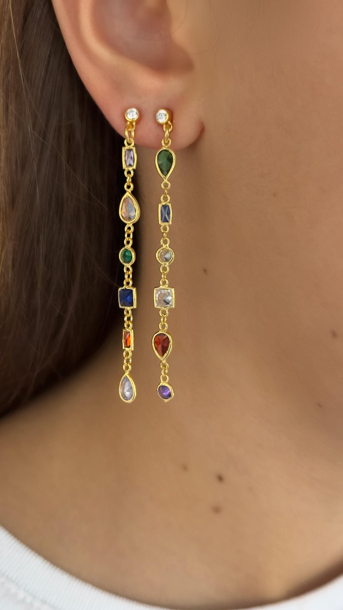 Multicolor CZ Dangle Long Earrings: 14K Gold Plated Sterling Silver, Rainbow Gemstone