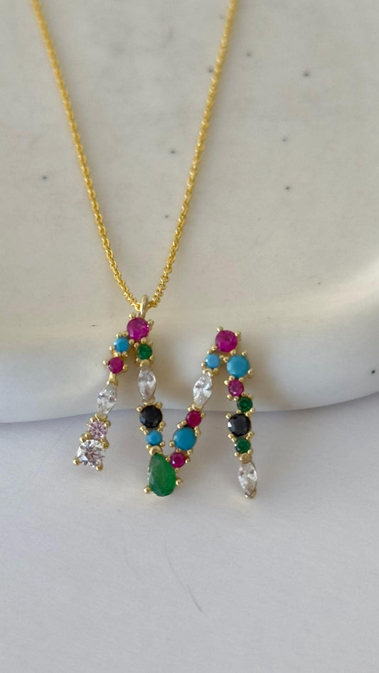 Multicolor Custom Initial Necklace, featuring a vibrant CZ gemstone letter pendant on an adjustable sterling silver chain. Perfect personalized gift for birthdays, anniversaries, or everyday wear, 925 Sterling Silver Handmade Jewelry