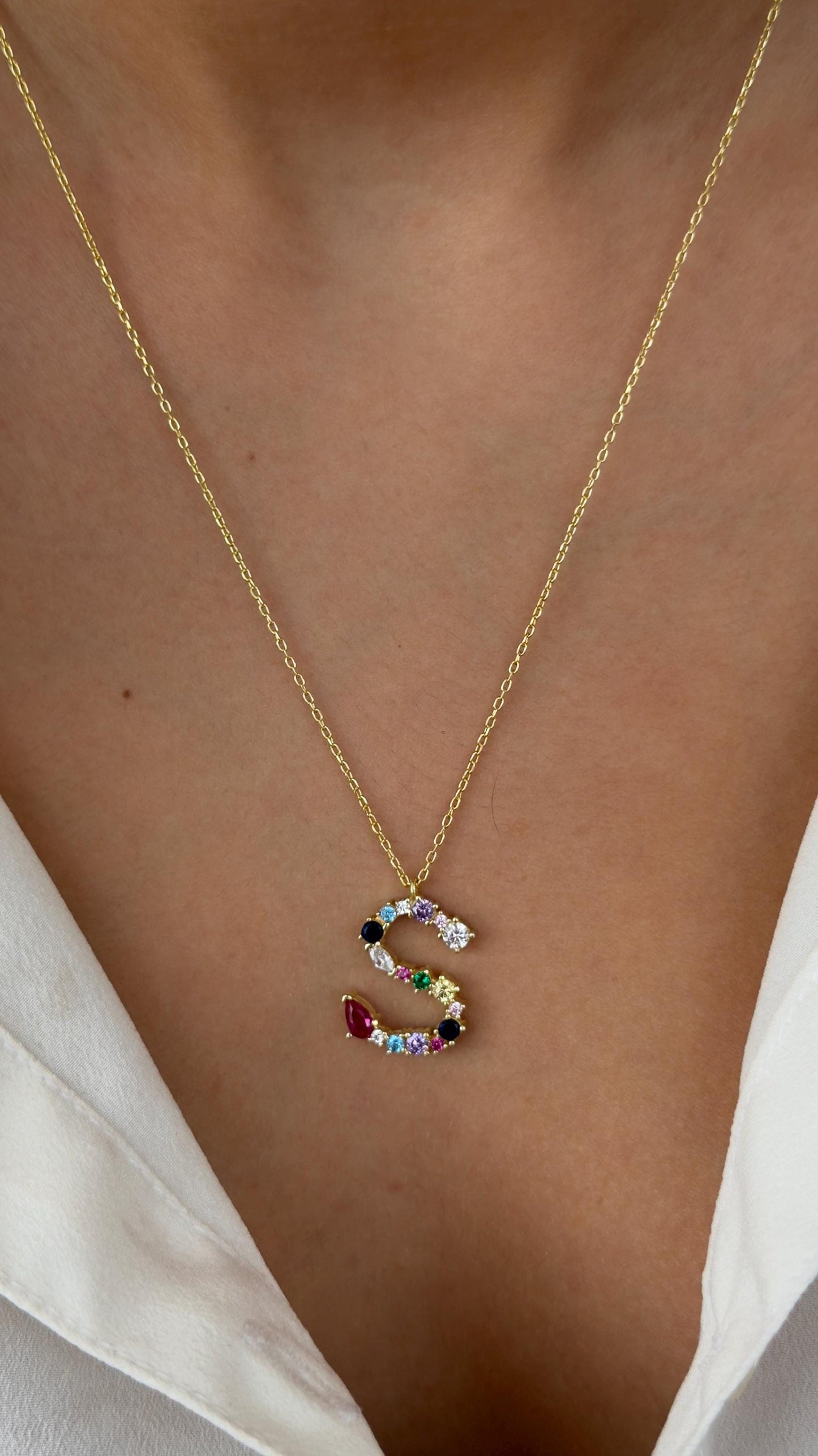 Multicolor Diamond Initial Necklace: Colorful CZ Gemstone Custom Letter Pendant Personalized Jewelry Gifts Women