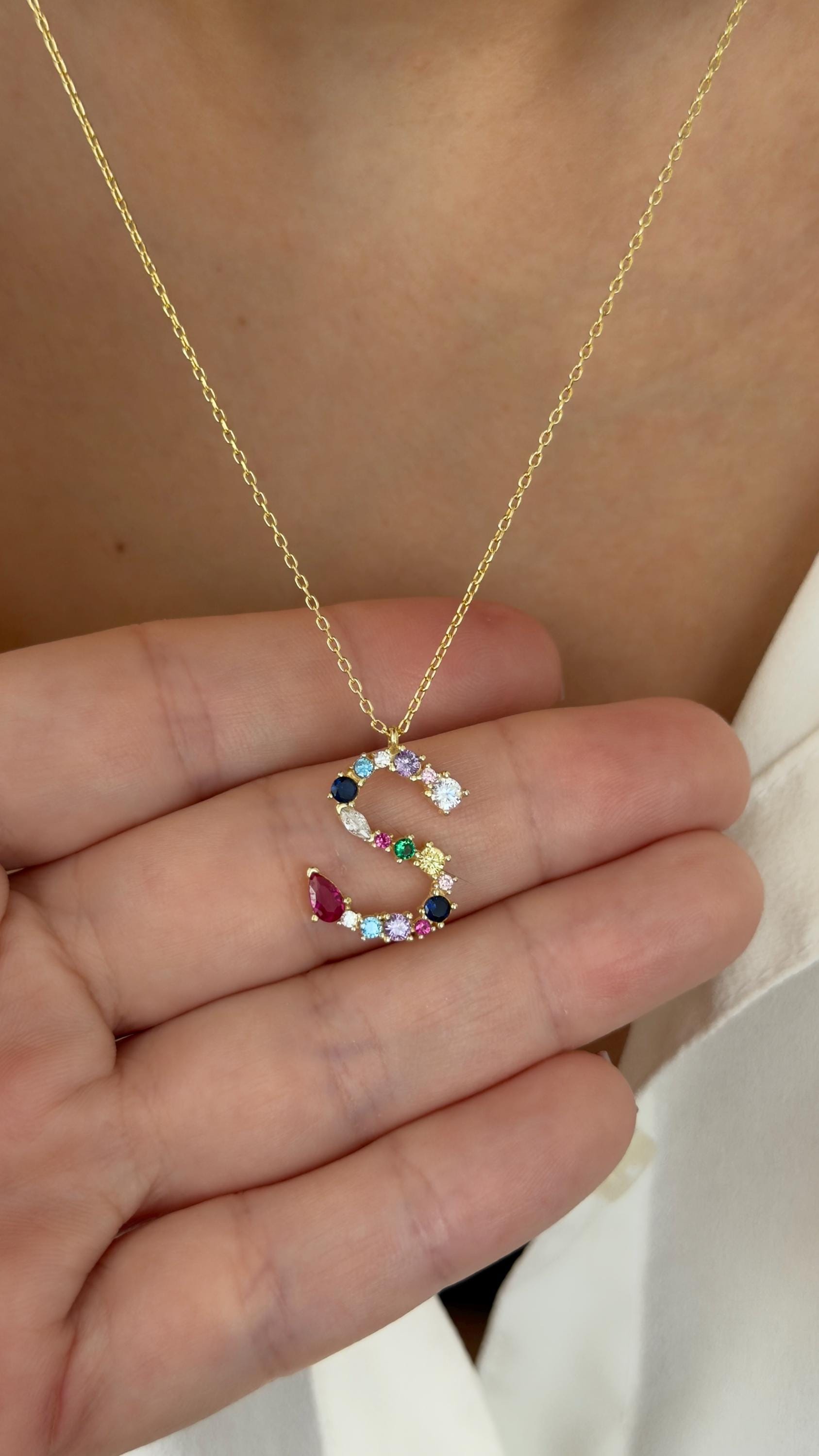 Multicolor Diamond Initial Necklace: Colorful CZ Gemstone Custom Letter Pendant Personalized Jewelry Gifts Women