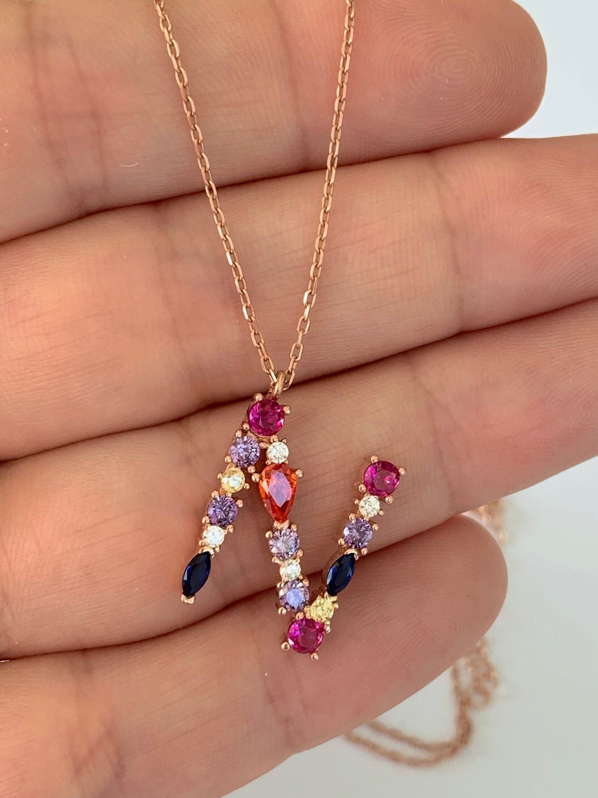 Multicolor Gemstone Initial Necklace: Sterling Silver Colorful Diamond Letter Pendant