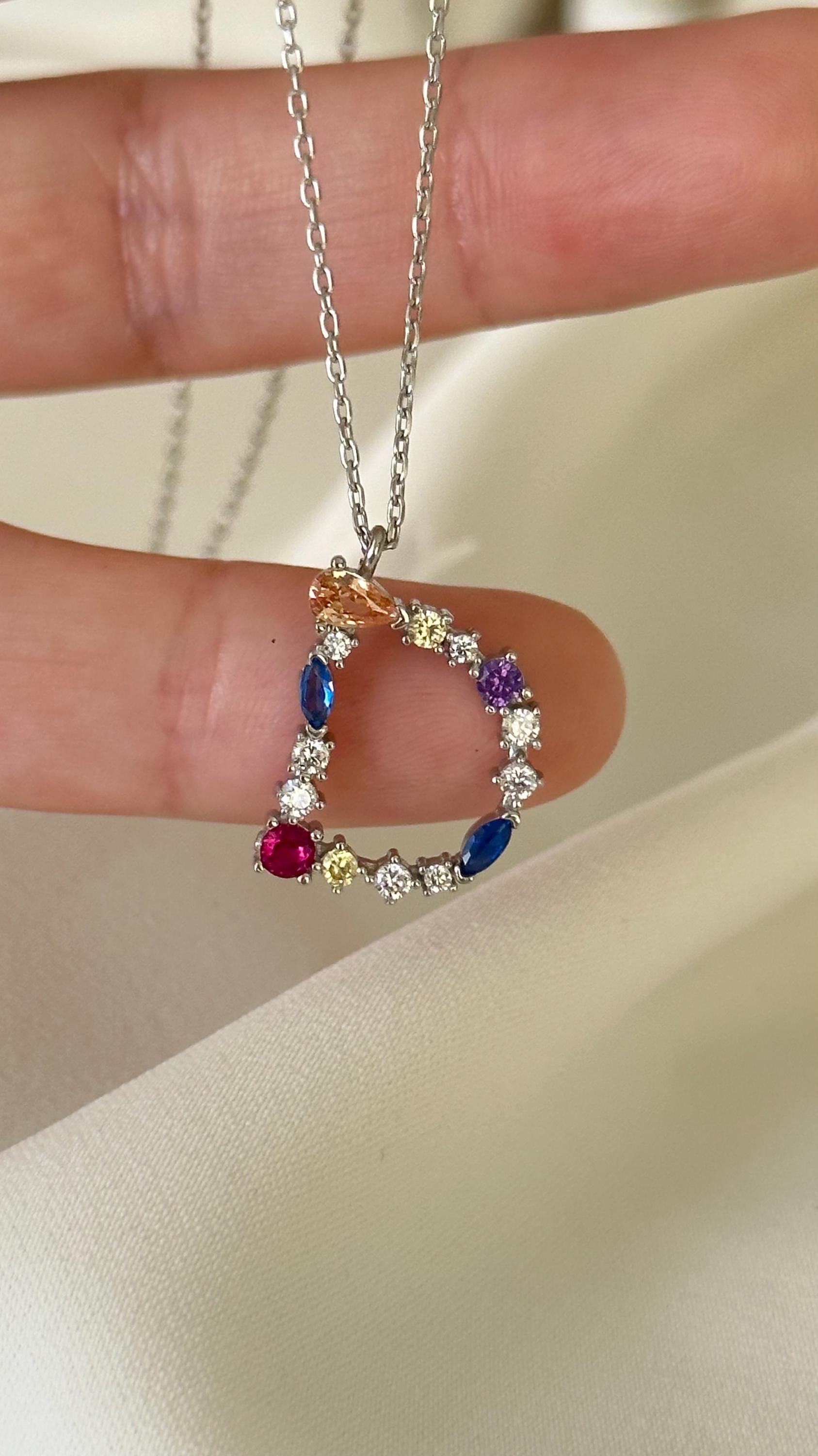Multicolor Gemstone Initial Necklace: Sterling Silver Colorful Diamond Letter Pendant
