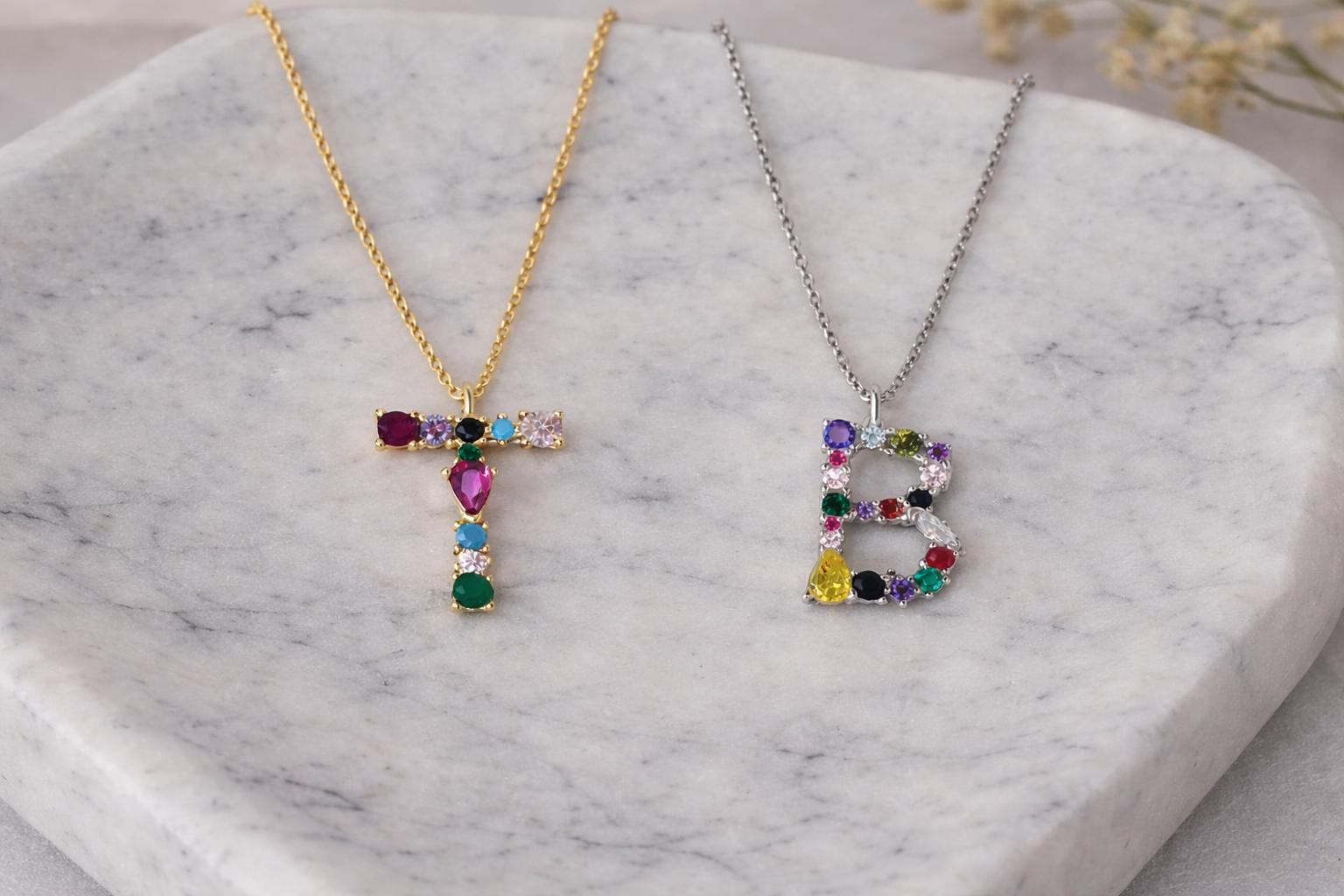 Multicolor Gemstone Initial Necklace: Sterling Silver Colorful Diamond Letter Pendant