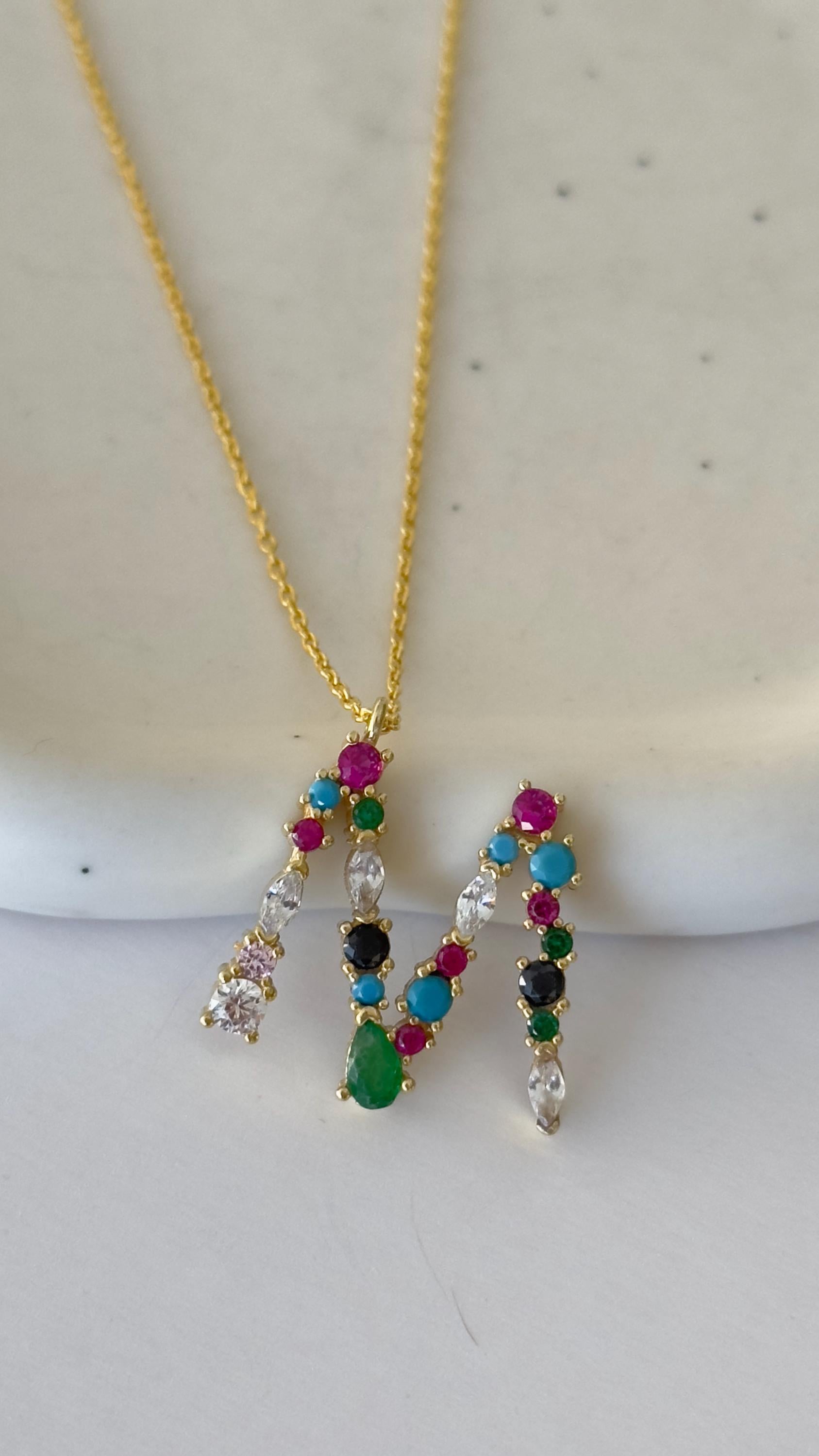 Multicolor Gemstone Initial Necklace: Sterling Silver Colorful Diamond Letter Pendant