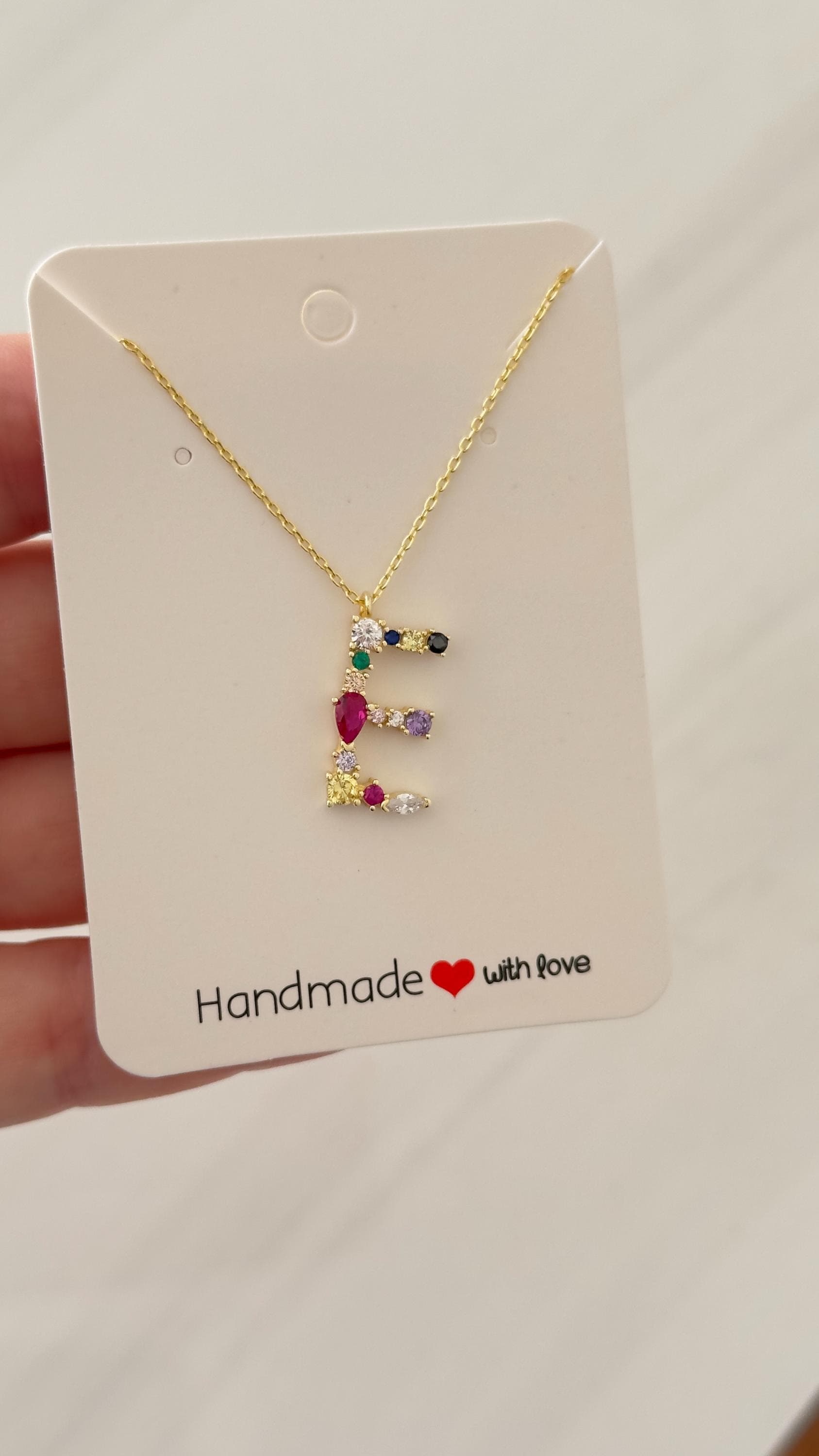 Multicolor Gemstone Initial Necklace: Sterling Silver Colorful Diamond Letter Pendant