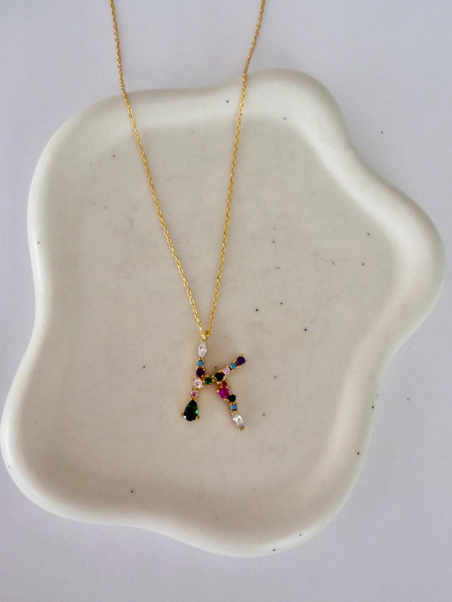 Multicolor Gemstone Initial Necklace: Sterling Silver Colorful Diamond Letter Pendant