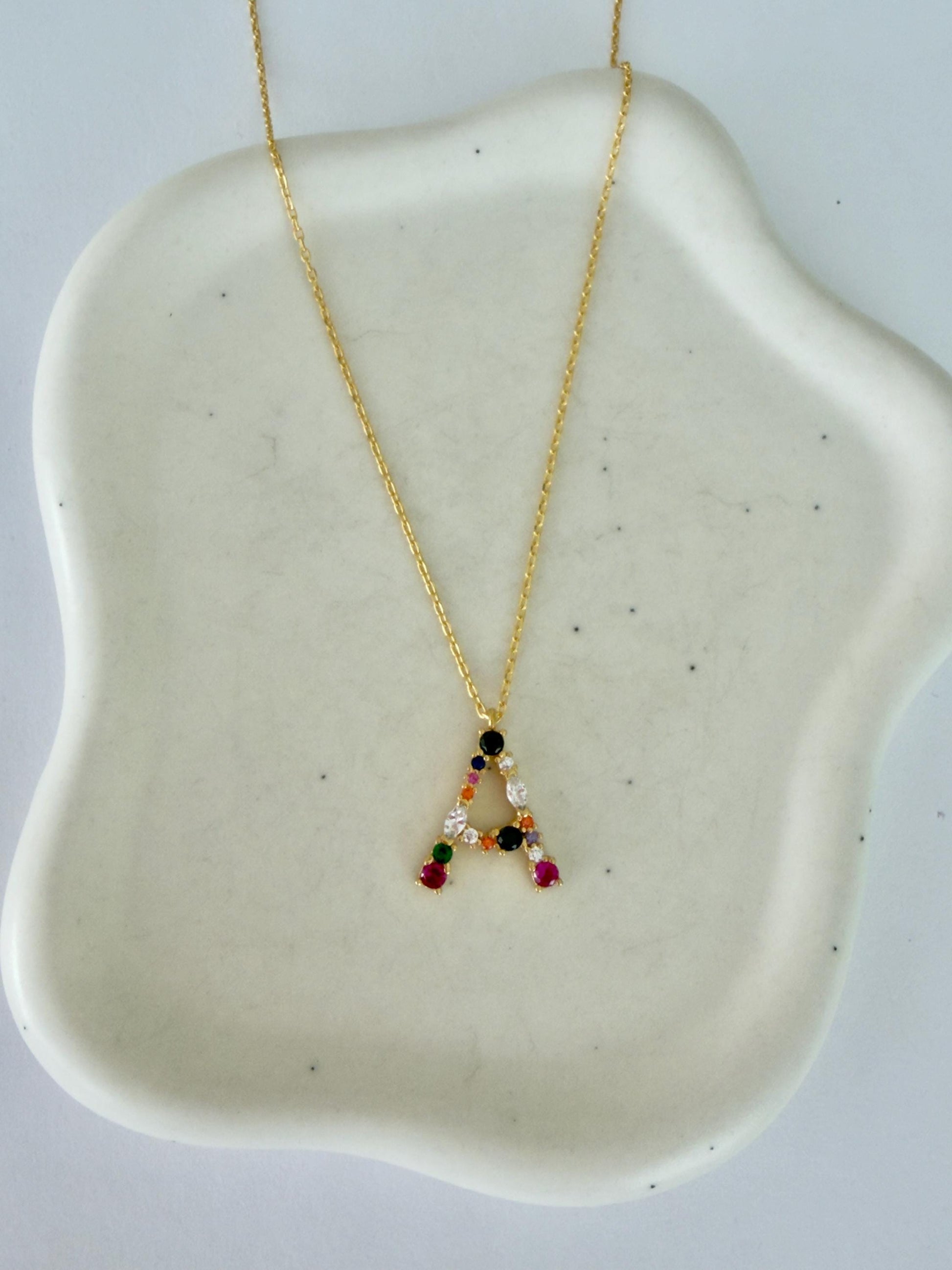 Multicolor Gemstone Initial Necklace: Sterling Silver Colorful Diamond Letter Pendant