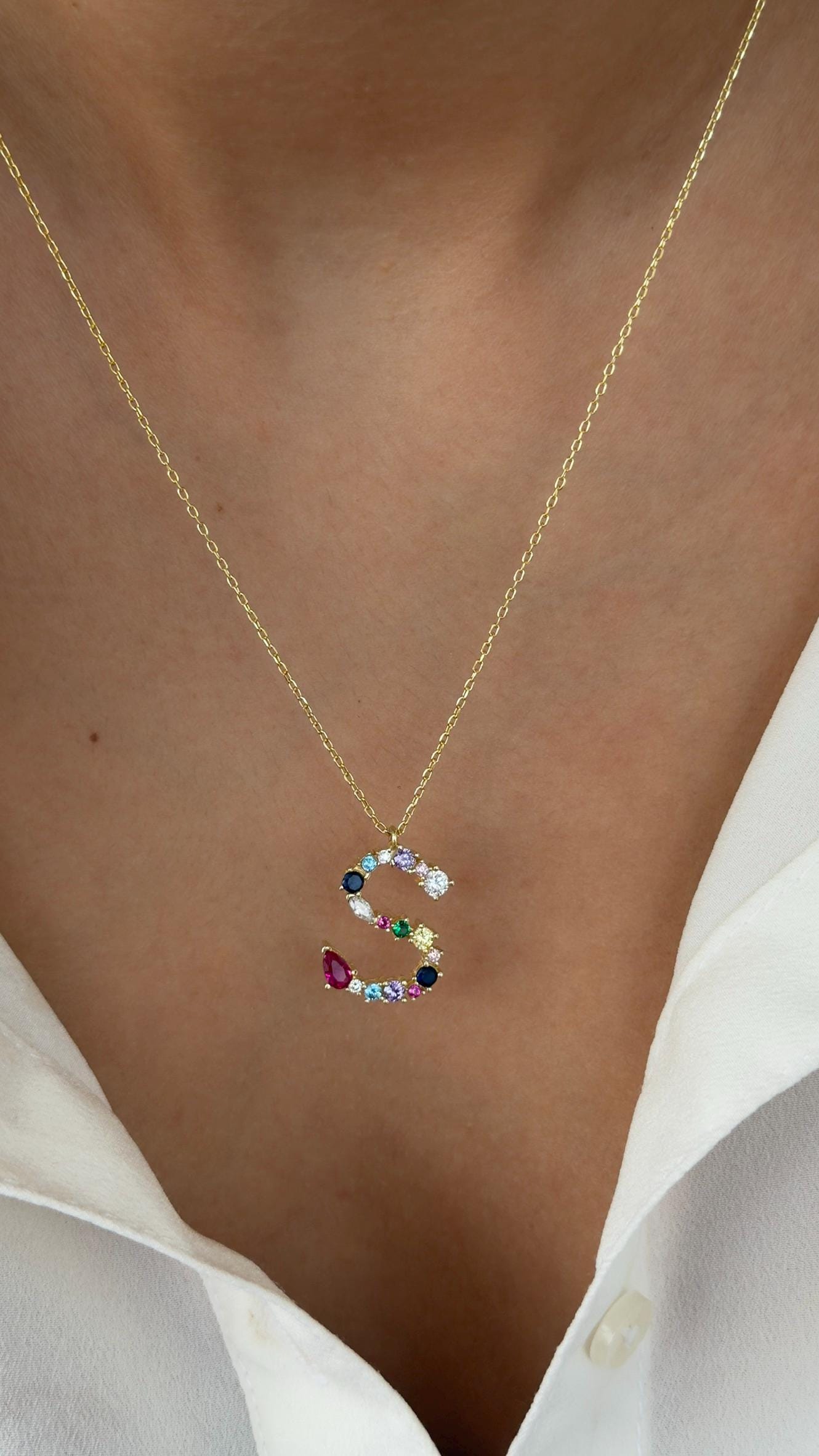 Multicolor Initial Necklace Colorful Gemstone Letter Pendant Layering Necklaces Women Personalized Jewelry Gift