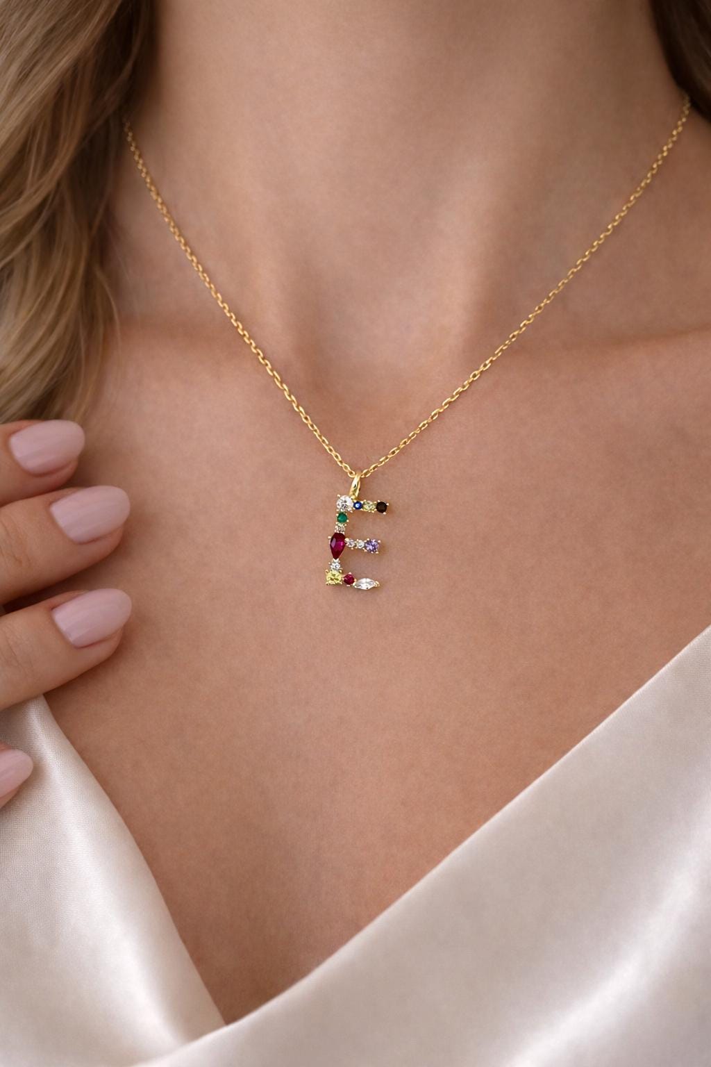 Multicolor Gemstone Initial Necklace: Sterling Silver Colorful Diamond Letter Pendant