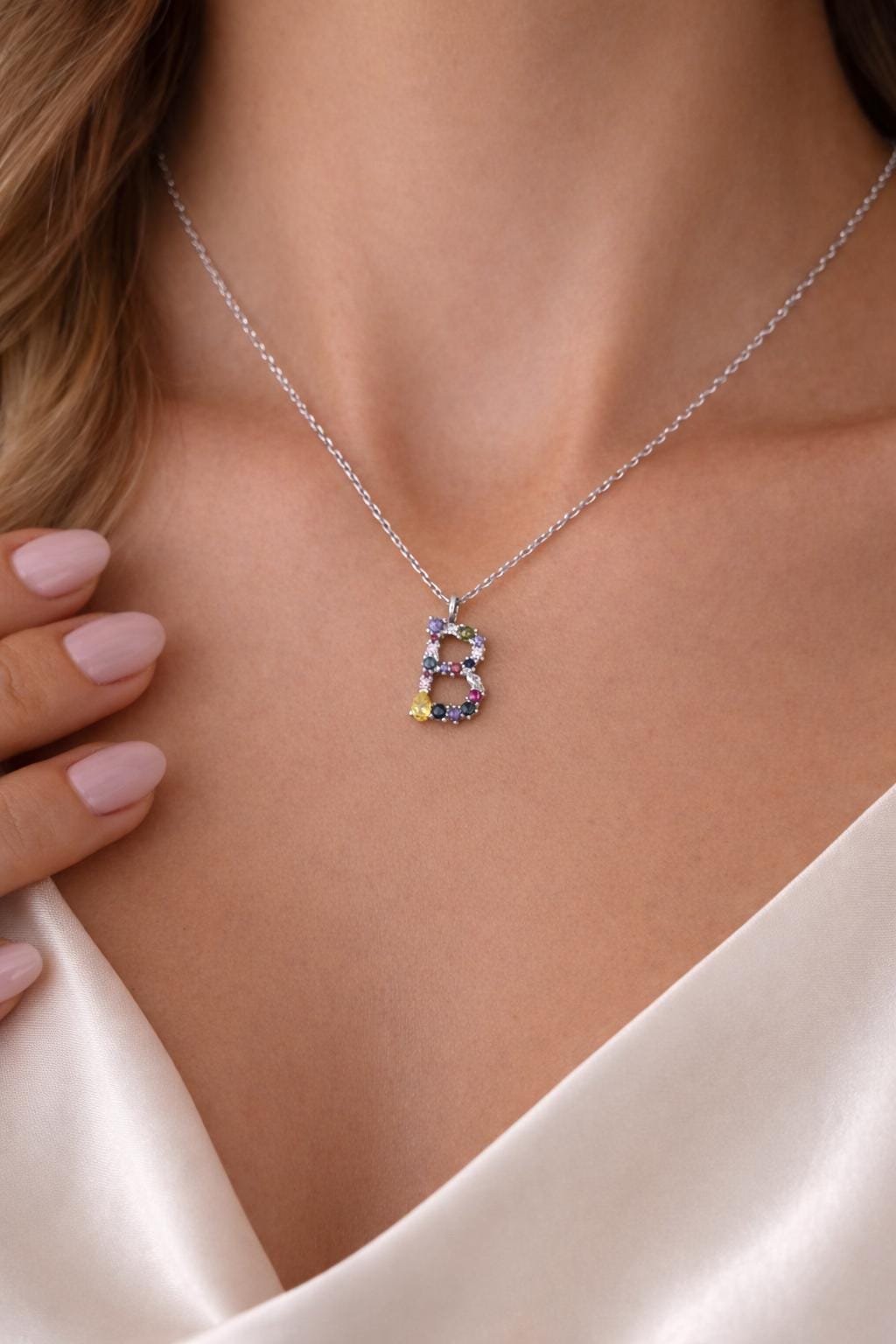 Multicolor Gemstone Initial Necklace: Sterling Silver Colorful Diamond Letter Pendant
