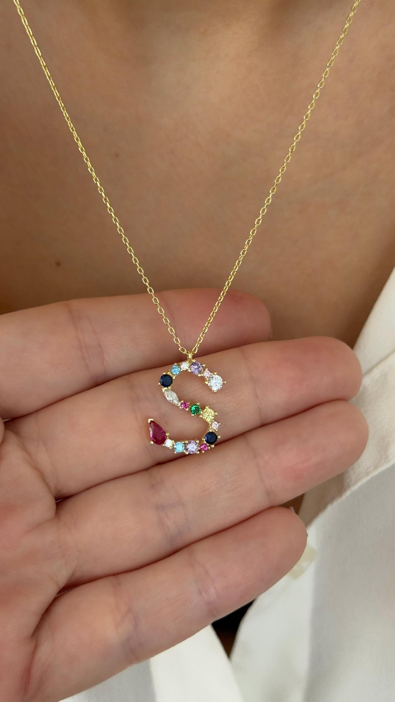 Colorful Diamond Initial Letter Pendant Personalized Jewelry Gift for Women