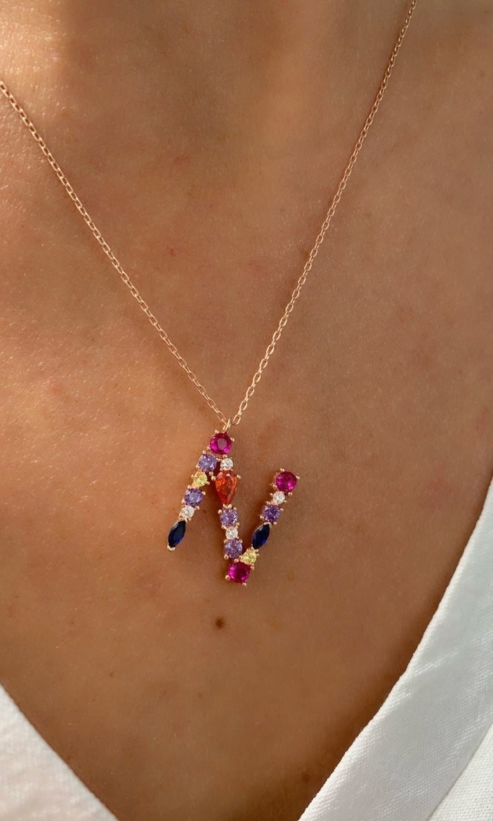 Multicolor Gemstone Initial Necklace: Sterling Silver Colorful Diamond Letter Pendant