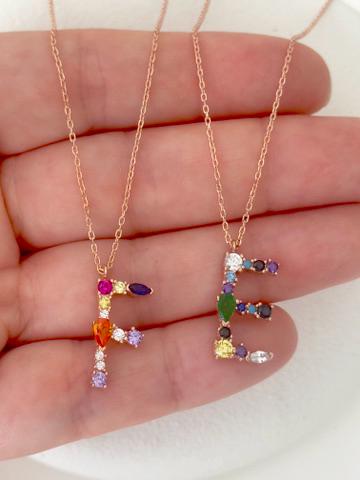Multicolor Gemstone Initial Necklace: Sterling Silver Colorful Diamond Letter Pendant