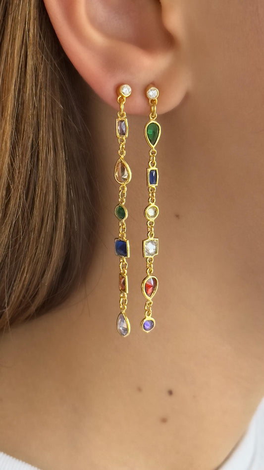 Multicolor long dangle earrings handcrafted in 925 sterling silver with colorful CZ gemstones, 14K gold plated handmade jewelry