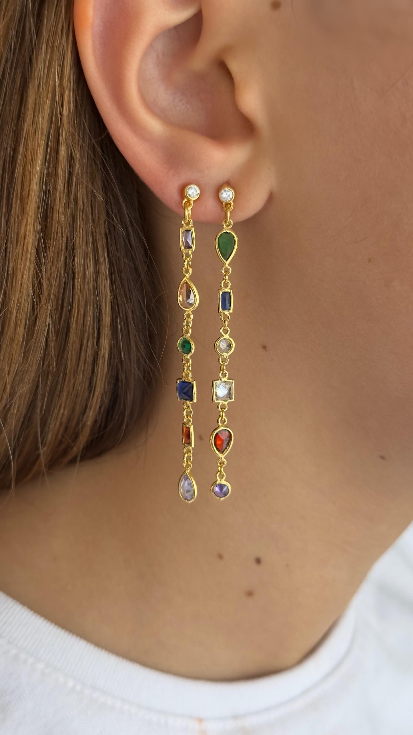 Gold plated long drop earrings featuring multicolor cubic zirconia stones, elegant handmade jewelry for women.