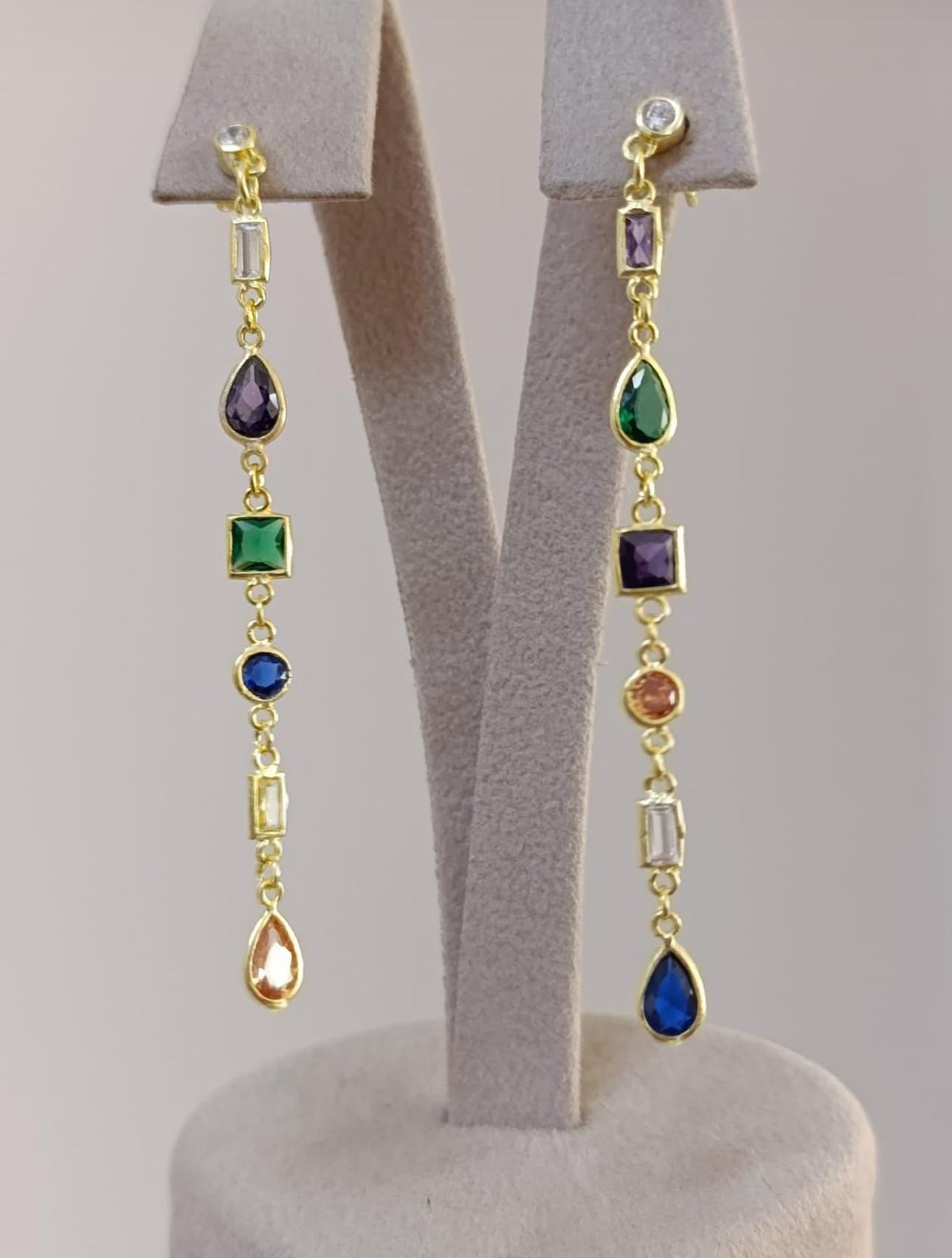 Gold long chain earrings with sparkling colorful gemstones, dainty and elegant jewelry gift for her.