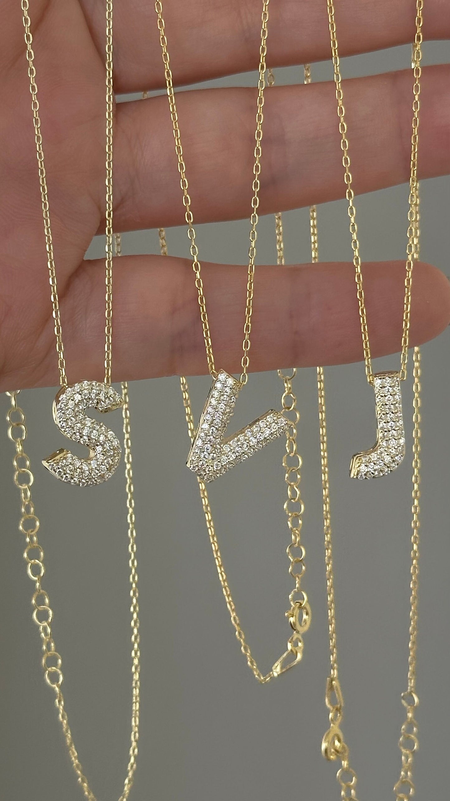 Pave CZ Initial Necklace: 14K Gold Plated Sterling Silver 3D Letter Pendant Personalized Jewelry