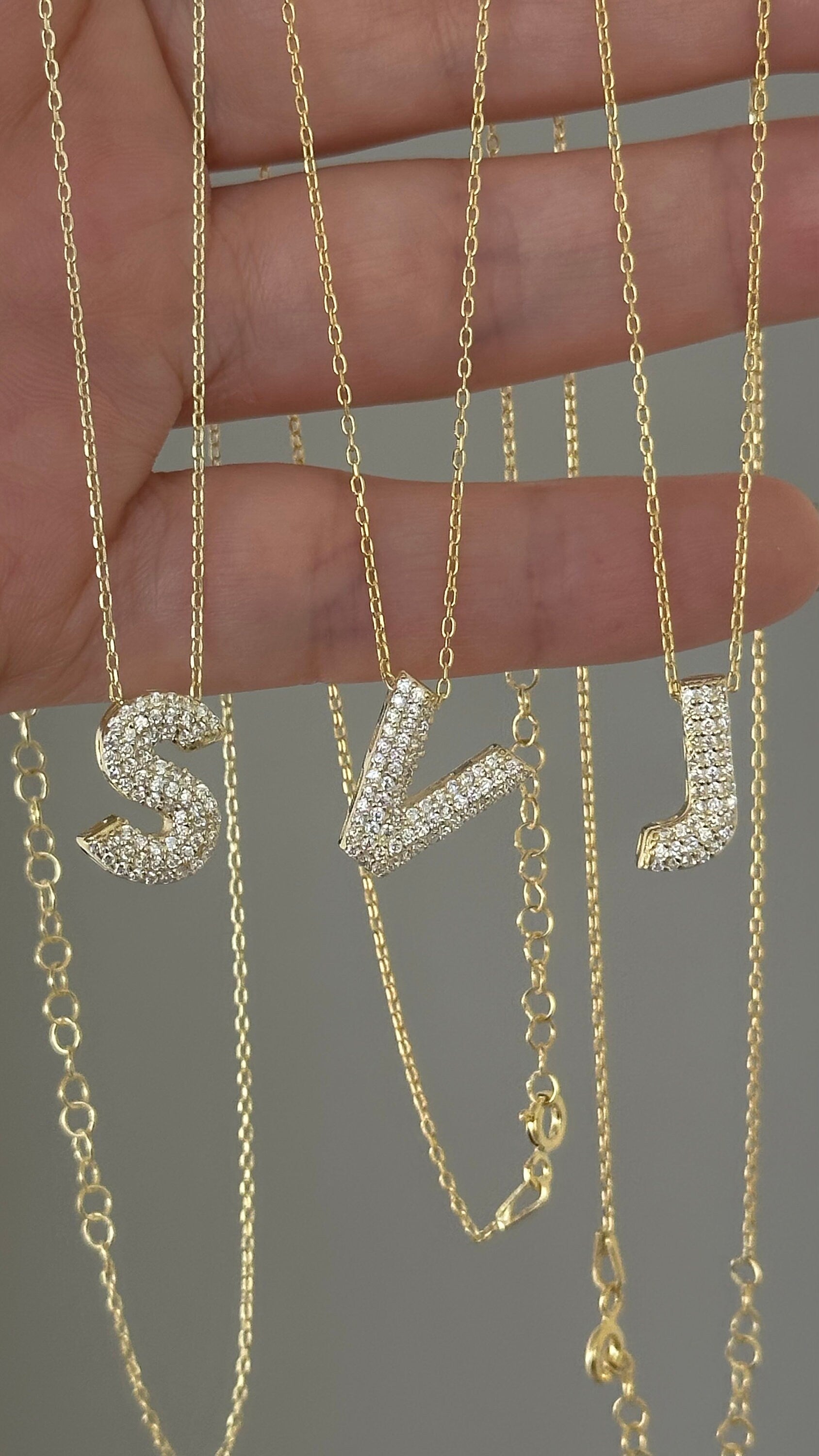 Pave CZ Initial Necklace: 14K Gold Plated Sterling Silver 3D Letter Pendant Personalized Jewelry