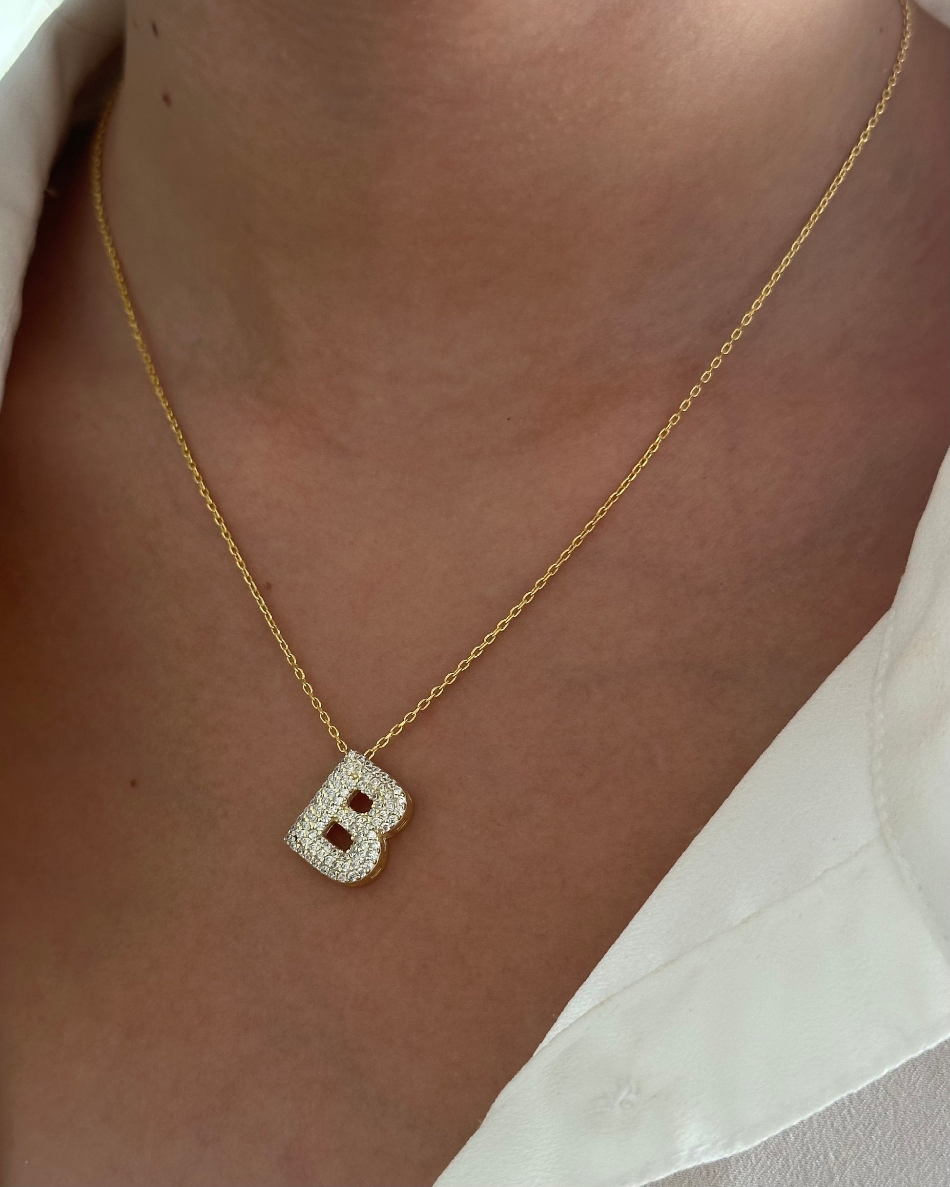 Pave CZ Initial Necklace: 14K Gold Plated Sterling Silver 3D Letter Pendant Personalized Jewelry