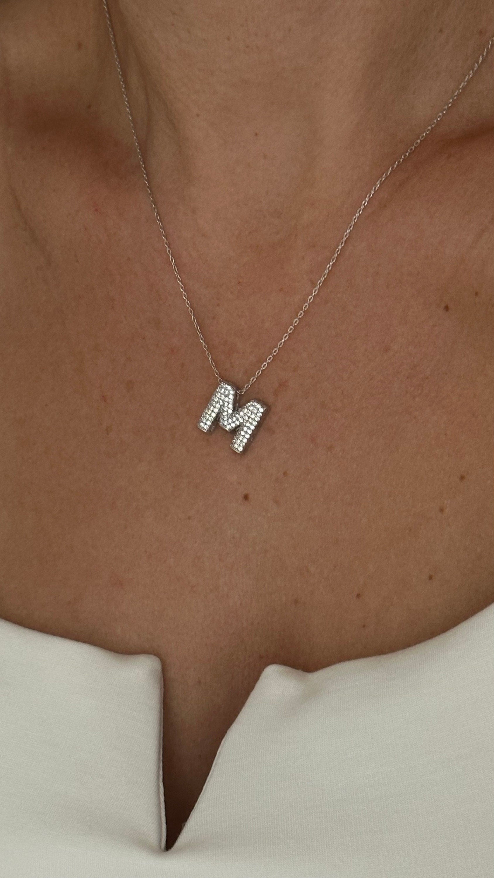 Pave CZ Initial Necklace: 14K Gold Plated Sterling Silver 3D Letter Pendant Personalized Jewelry