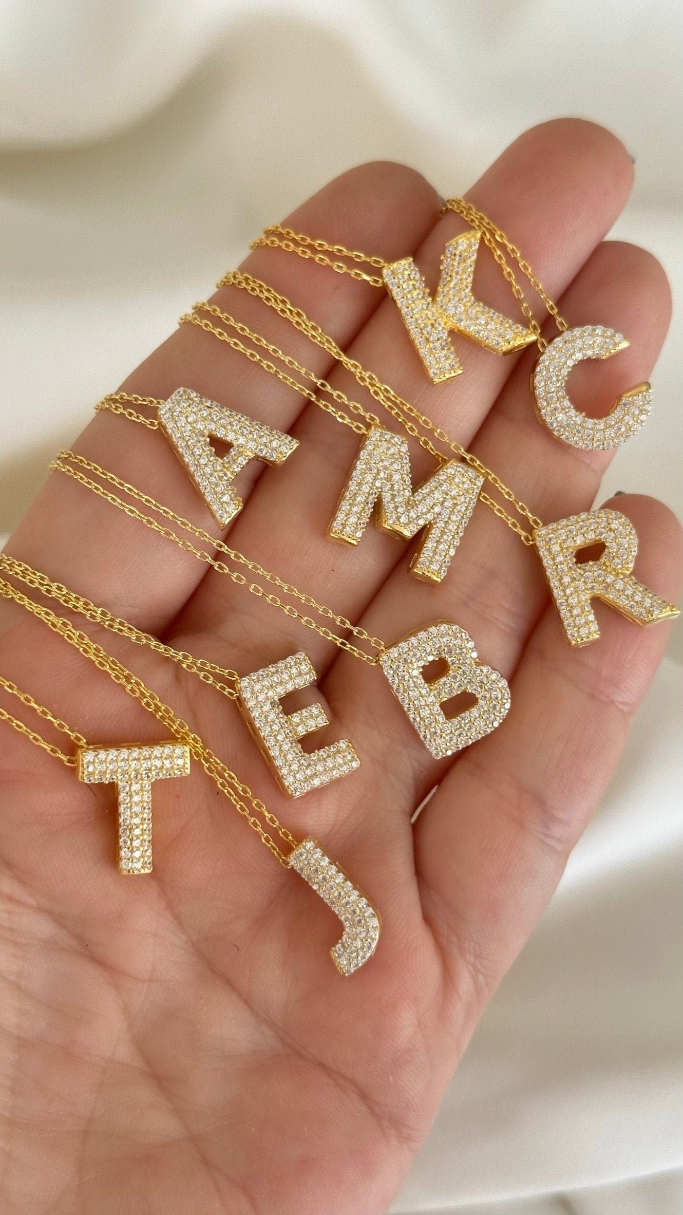 Pave CZ Initial Necklace: 14K Gold Plated Sterling Silver 3D Letter Pendant Personalized Jewelry