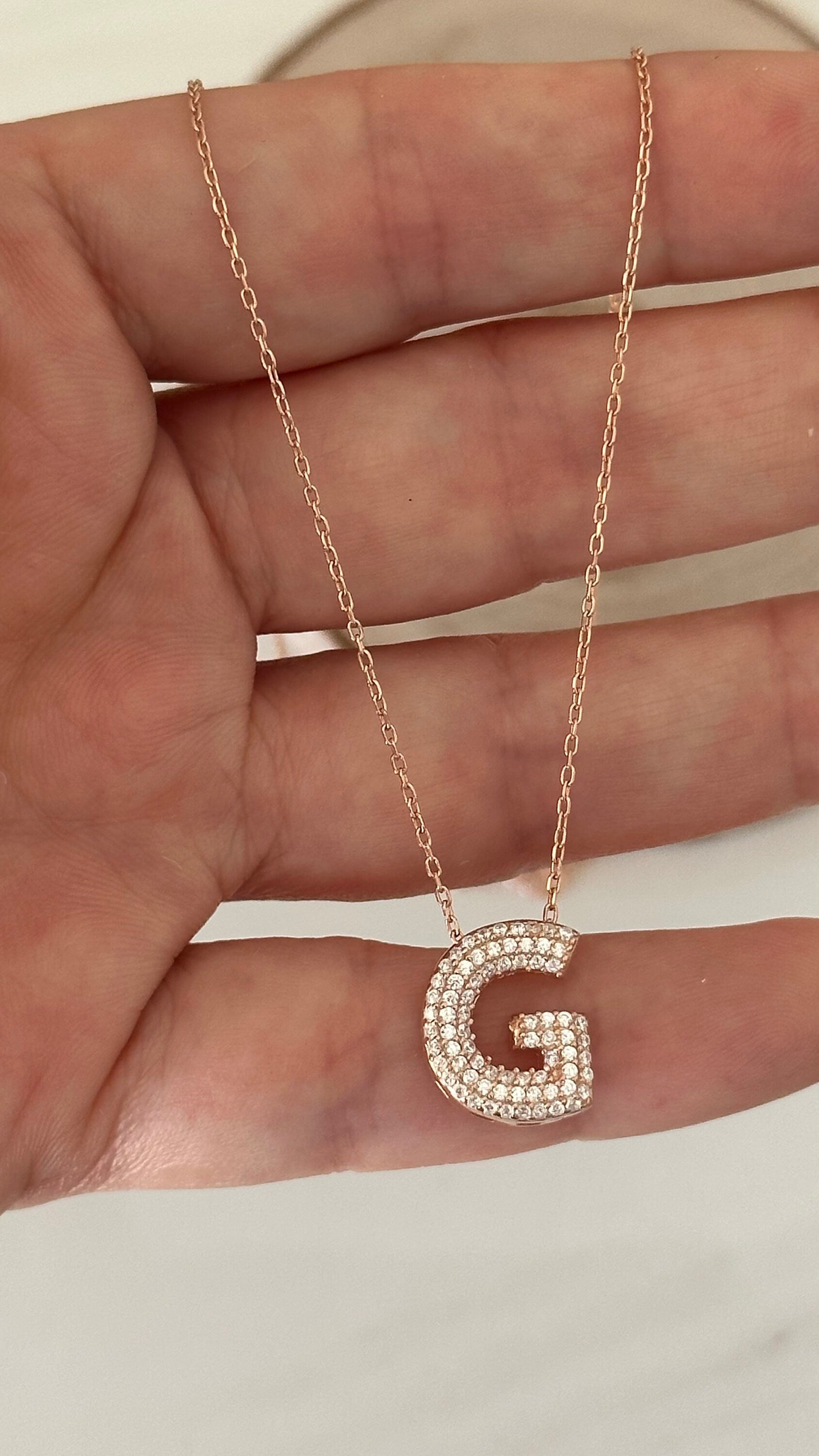 Pave CZ Initial Necklace: 14K Gold Plated Sterling Silver 3D Letter Pendant Personalized Jewelry