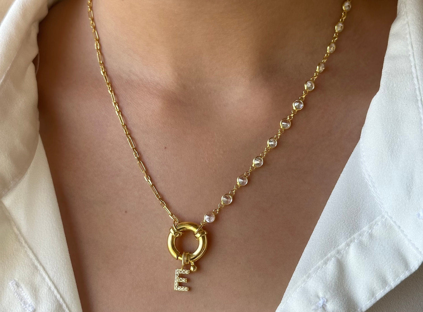 Initial Necklace Toggle Clasp, Personalized diamond letter Necklace, Half Link Half diamond Chain Necklace, Personalized Gift, Initial Jewelry, Mother's Day Gift, 925 Sterling Silver  14k Gold plated Handmade Jewelry