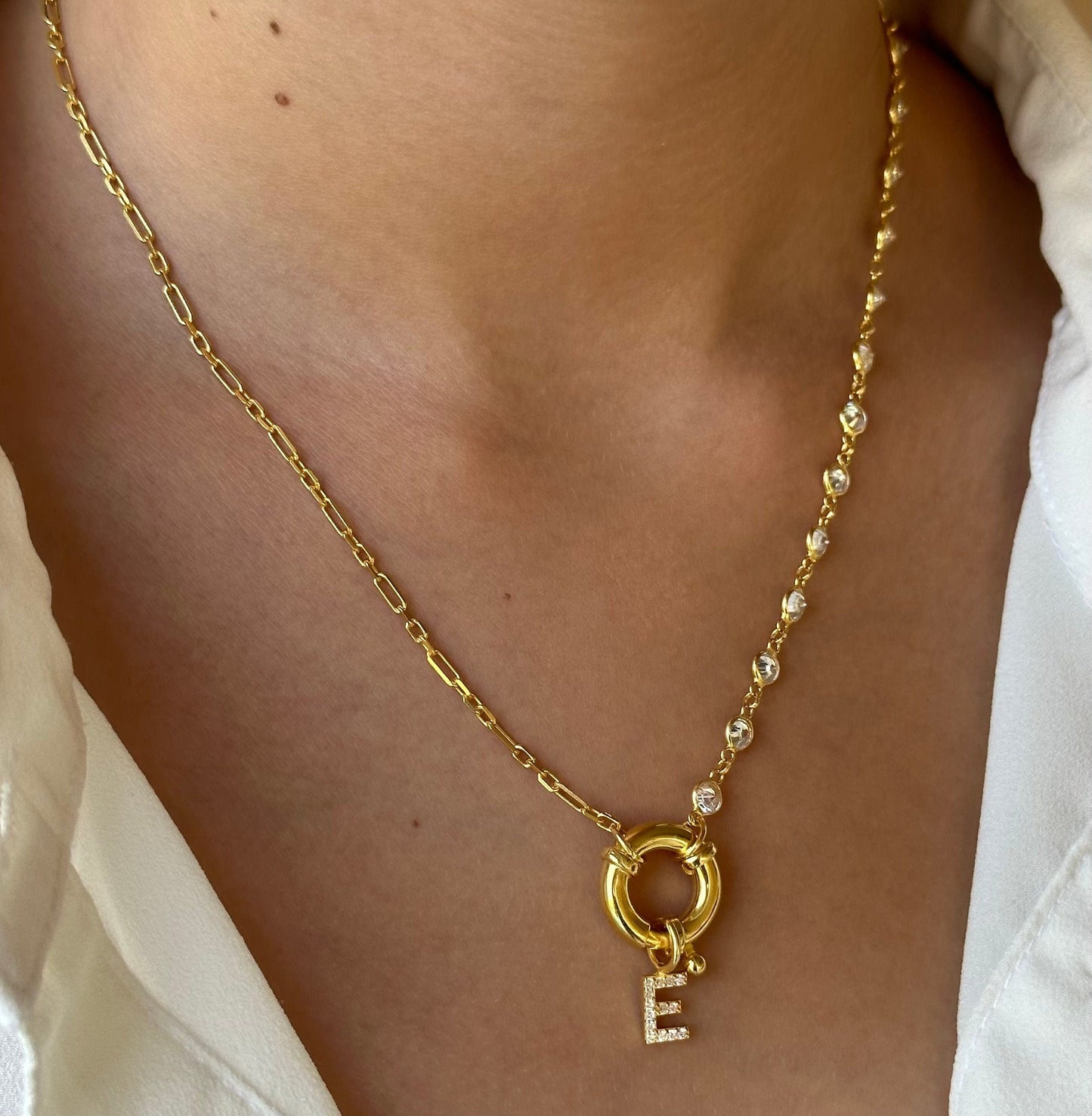 Pave Initial Necklace: Sterling Silver Diamond Chain Toggle Clasp Personalized Letter Pendant Jewelry