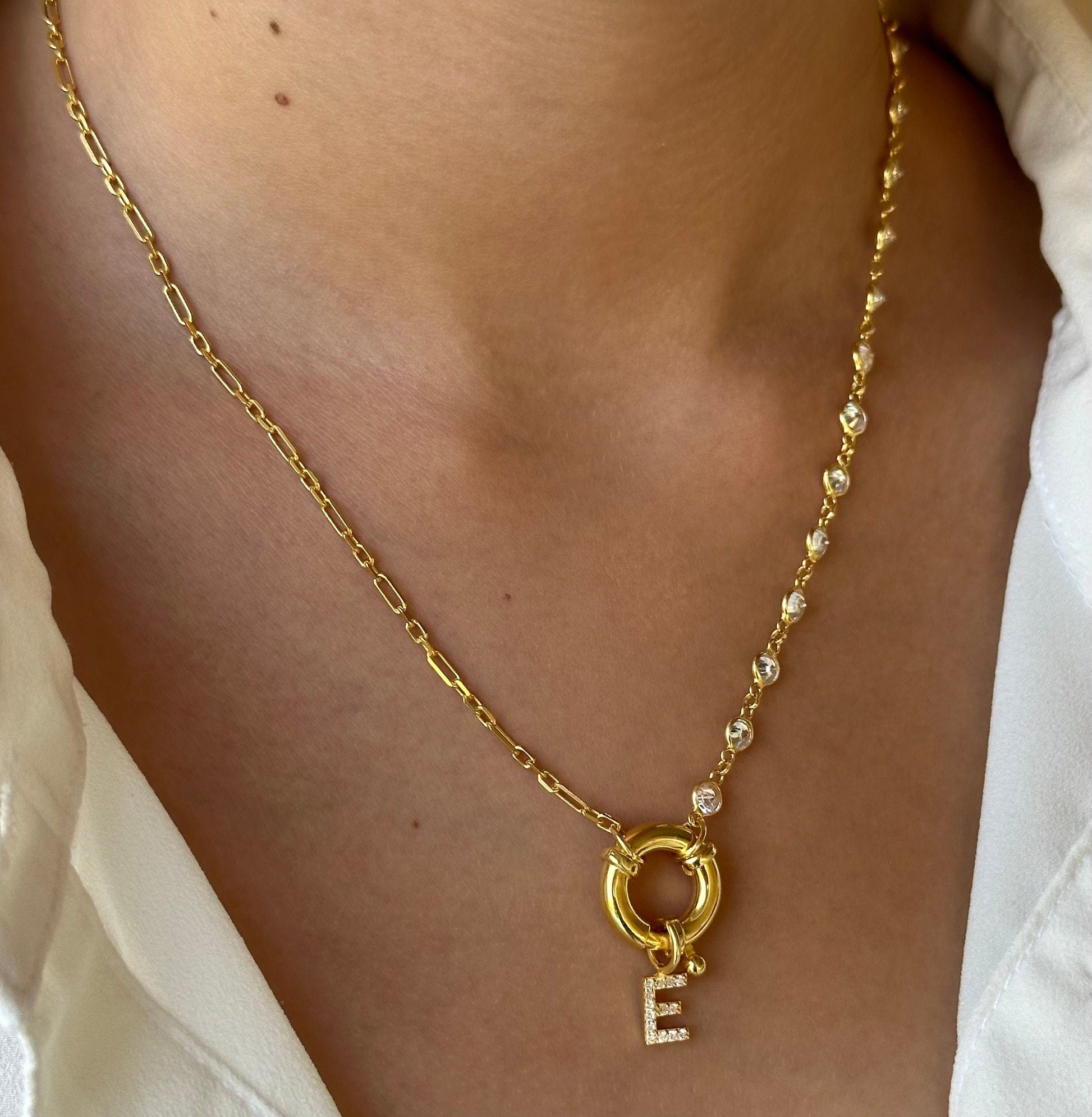 Pave Initial Necklace: Sterling Silver Diamond Chain Toggle Clasp Personalized Letter Pendant Jewelry