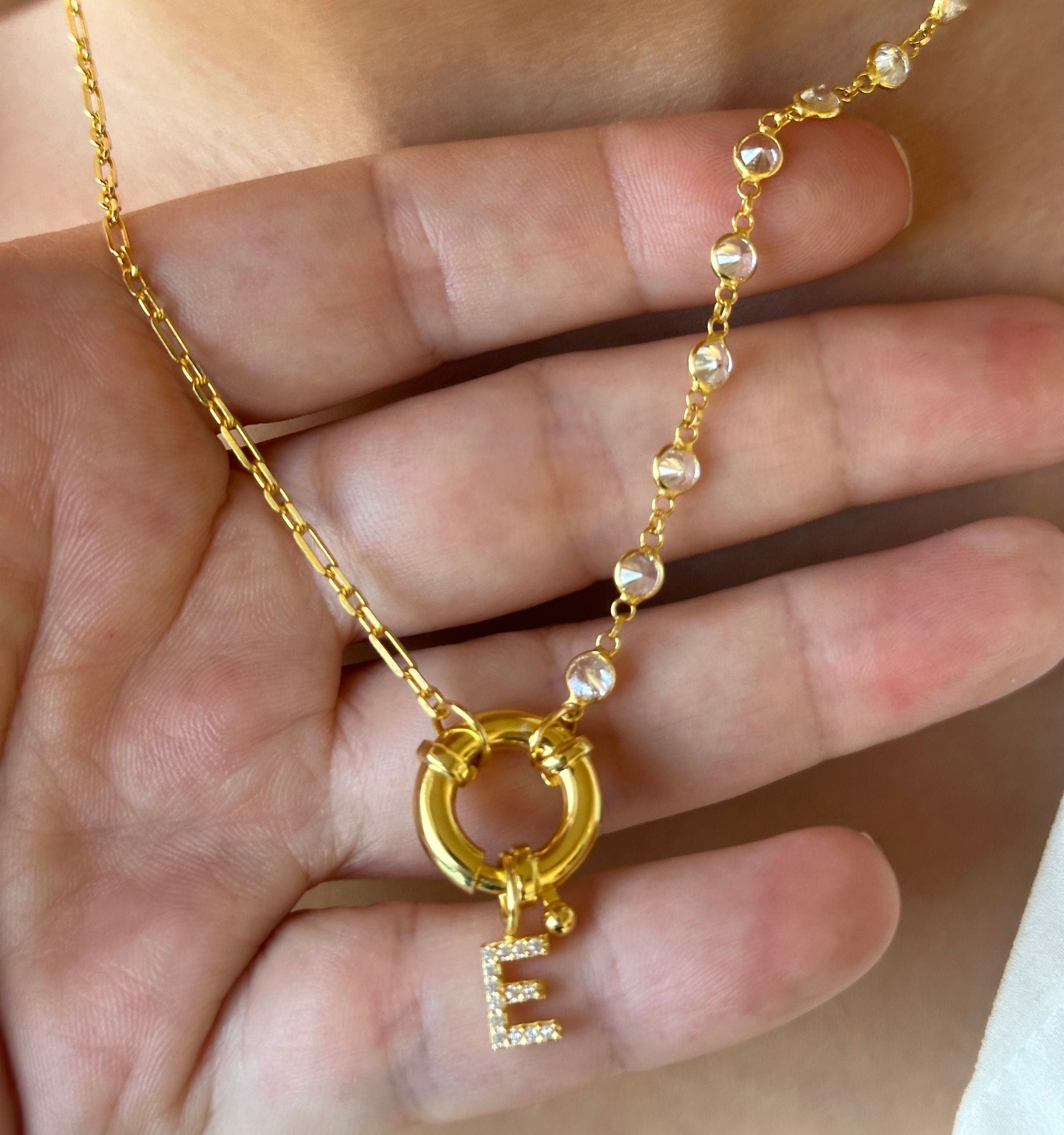 Pave Initial Necklace: Sterling Silver Diamond Chain Toggle Clasp Personalized Letter Pendant Jewelry