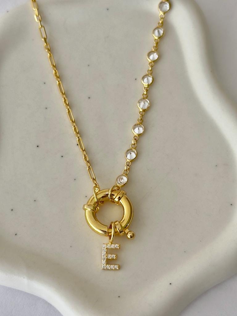 Pave Initial Necklace: Sterling Silver Diamond Chain Toggle Clasp Personalized Letter Pendant Jewelry