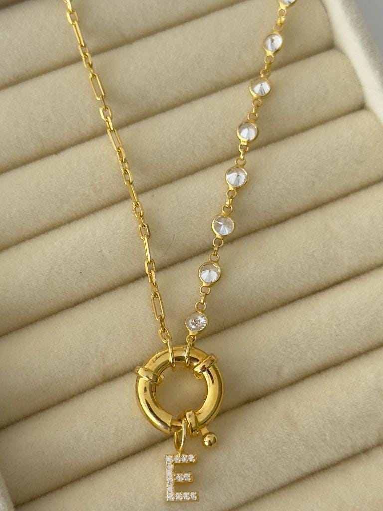 Pave Initial Necklace: Sterling Silver Diamond Chain Toggle Clasp Personalized Letter Pendant Jewelry