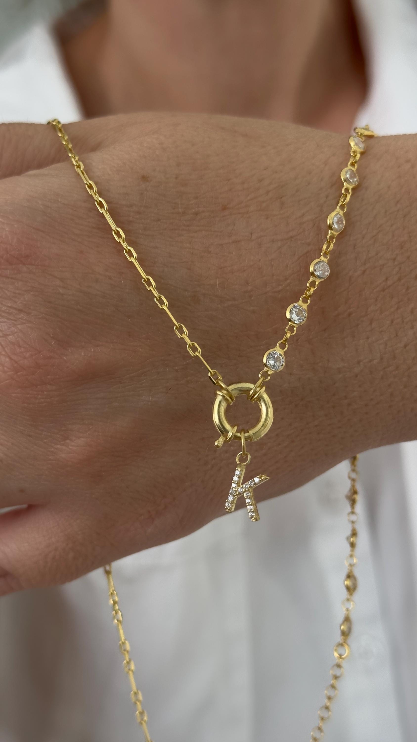 Pave Initial Necklace: Sterling Silver Diamond Chain Toggle Clasp Personalized Letter Pendant Jewelry