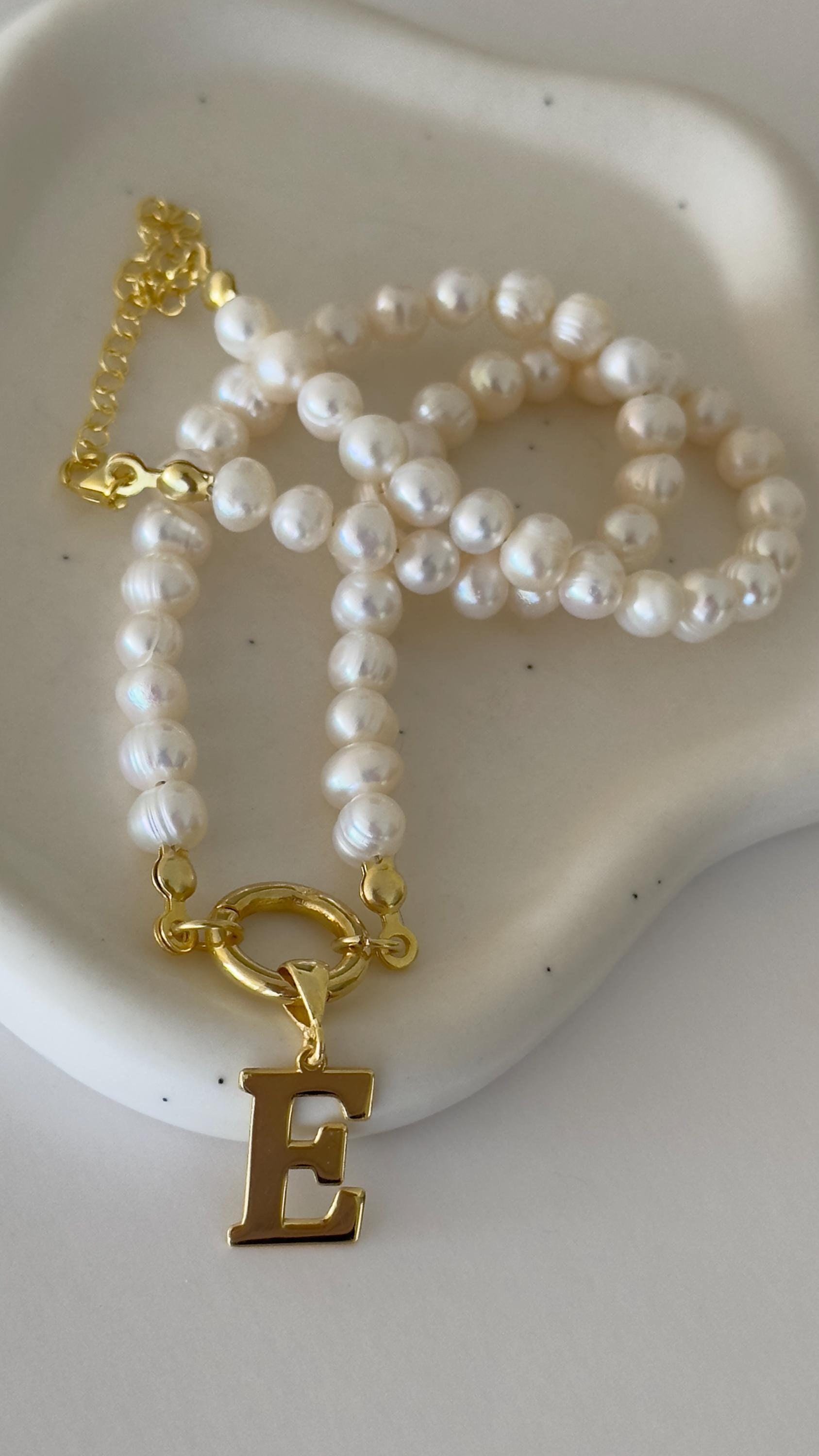 Custom Pearl Necklace, Silver Initial Necklace, Custom Initial Pearl Necklace, Personalized Name Necklace, 9125 sterling silver 14k gold plated, gift for women and men