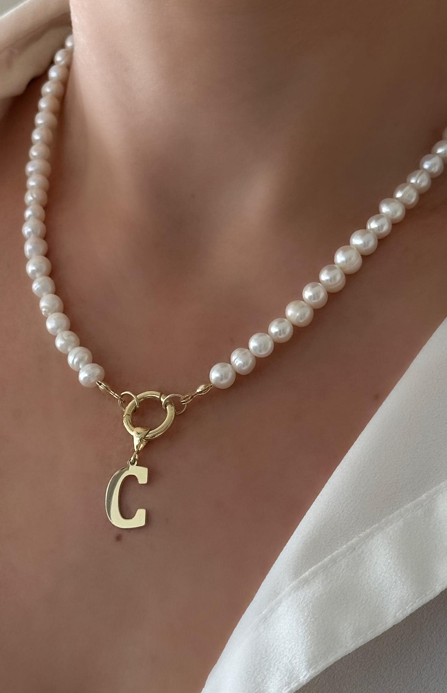 Pearl Initial Necklace, 14k Gold Letter Pendant, Sterling Silver Personalized Jewelry Gift