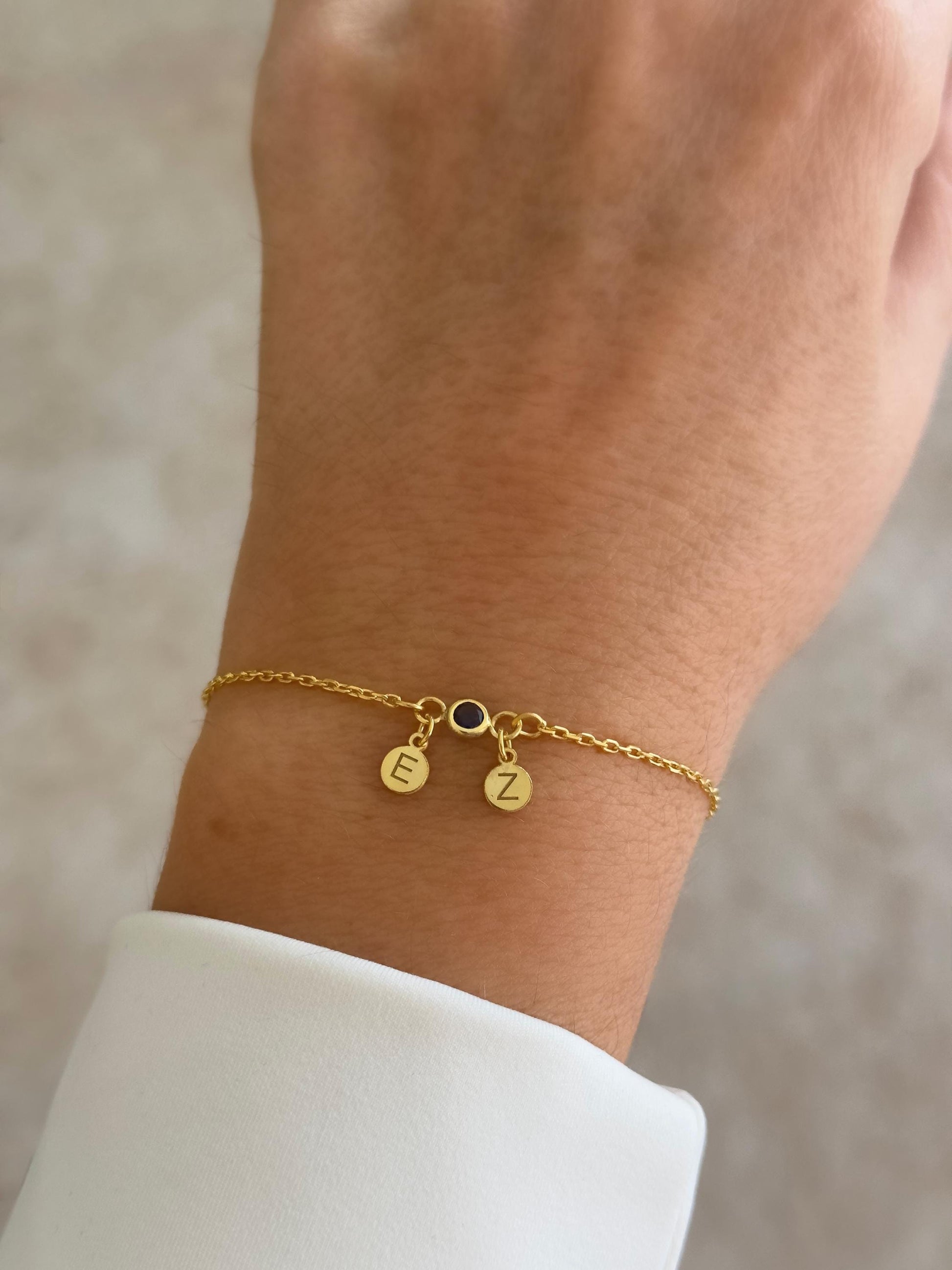 14K gold plated personalized bracelet with engraved initials and birthstones