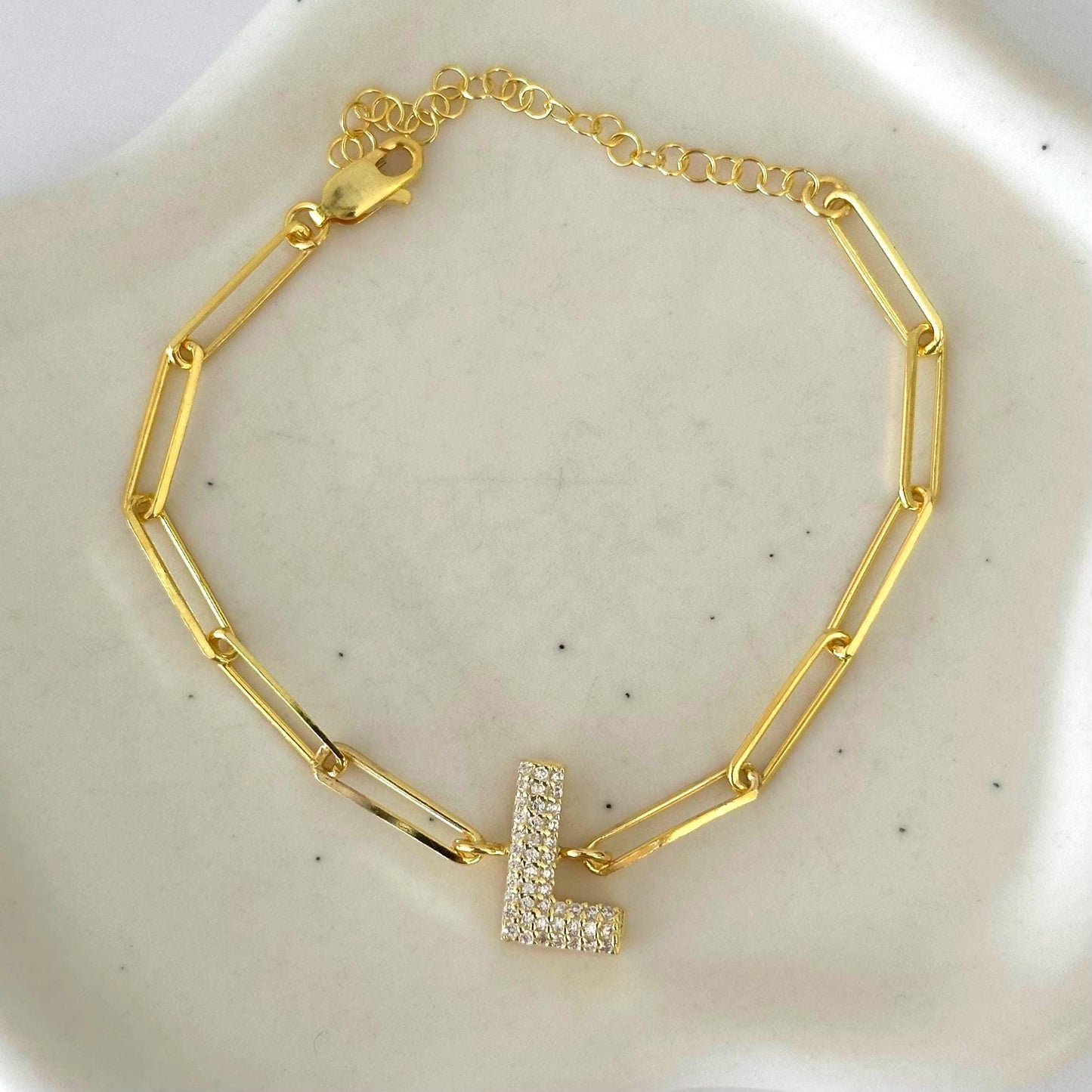 Personalized bubble initial bracelet with 3D CZ diamond letter charm, 14K gold plated 925 sterling silver Shineliz jewelry.