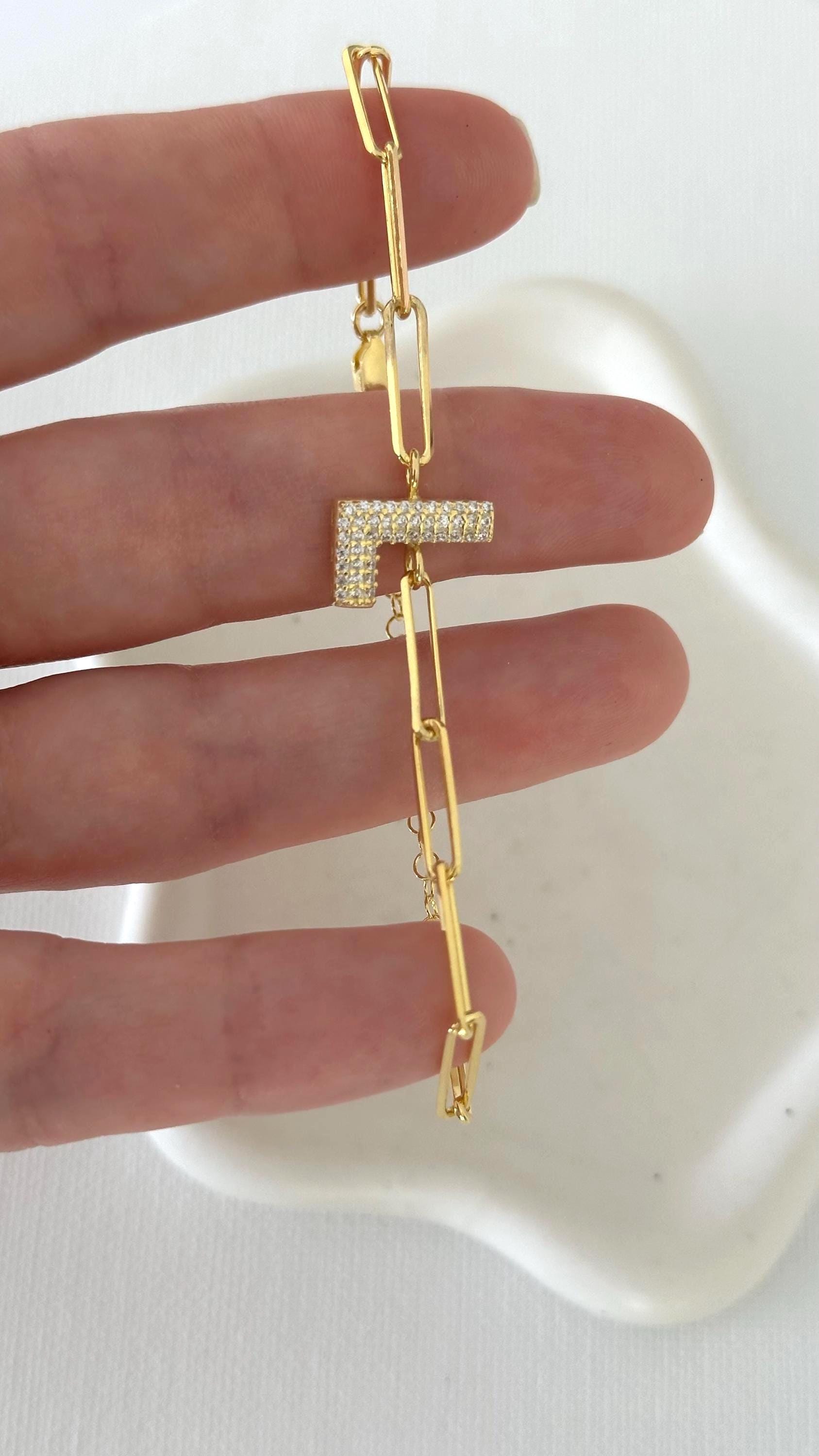 Silver initial balloon letter bracelet on paperclip chain, 3D diamond CZ charm personalized jewelry for women.