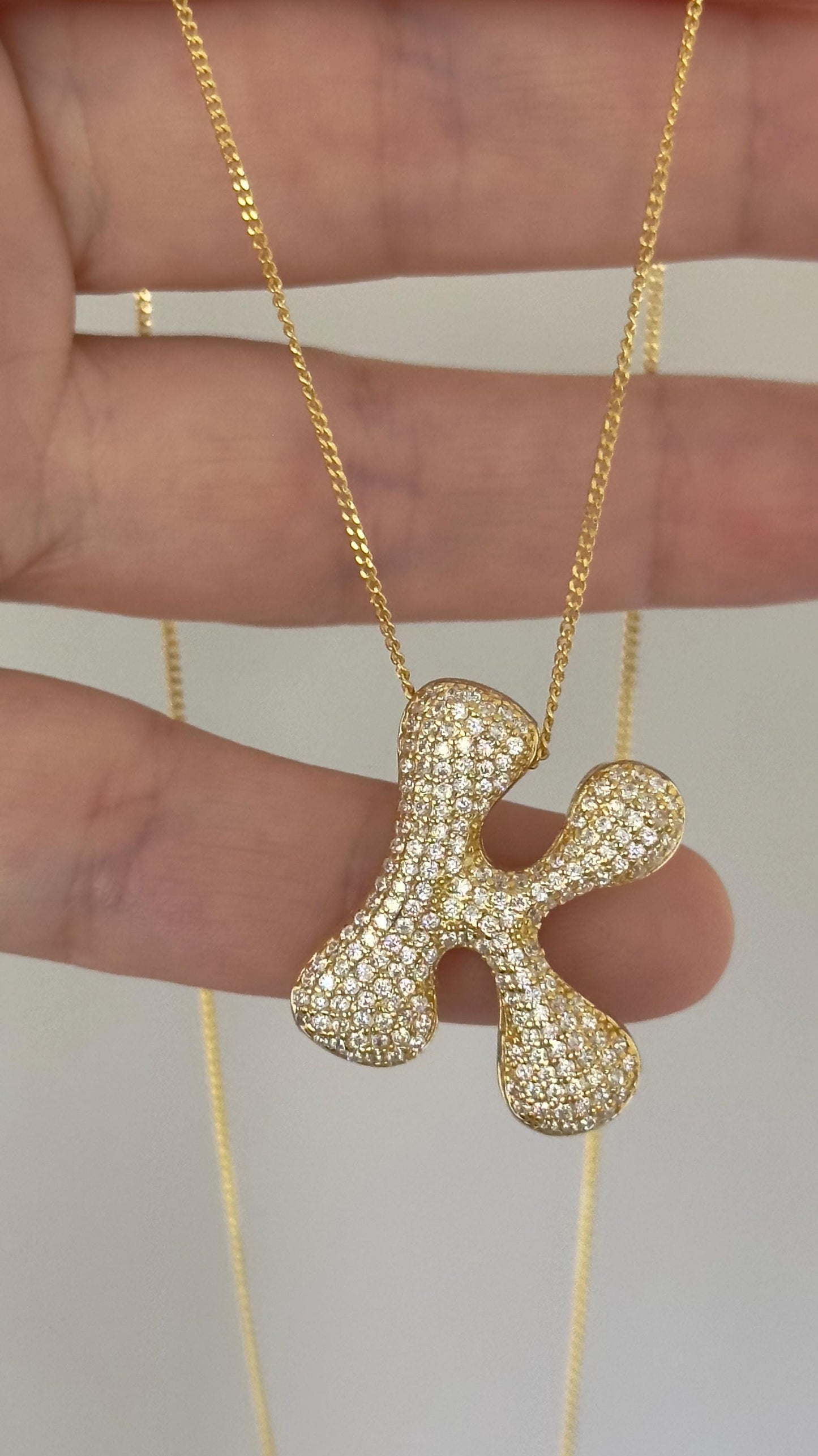 Personalized Bubble Letter Necklace - Jumbo Diamond Initial Pendant Sterling Silver 14k Gold