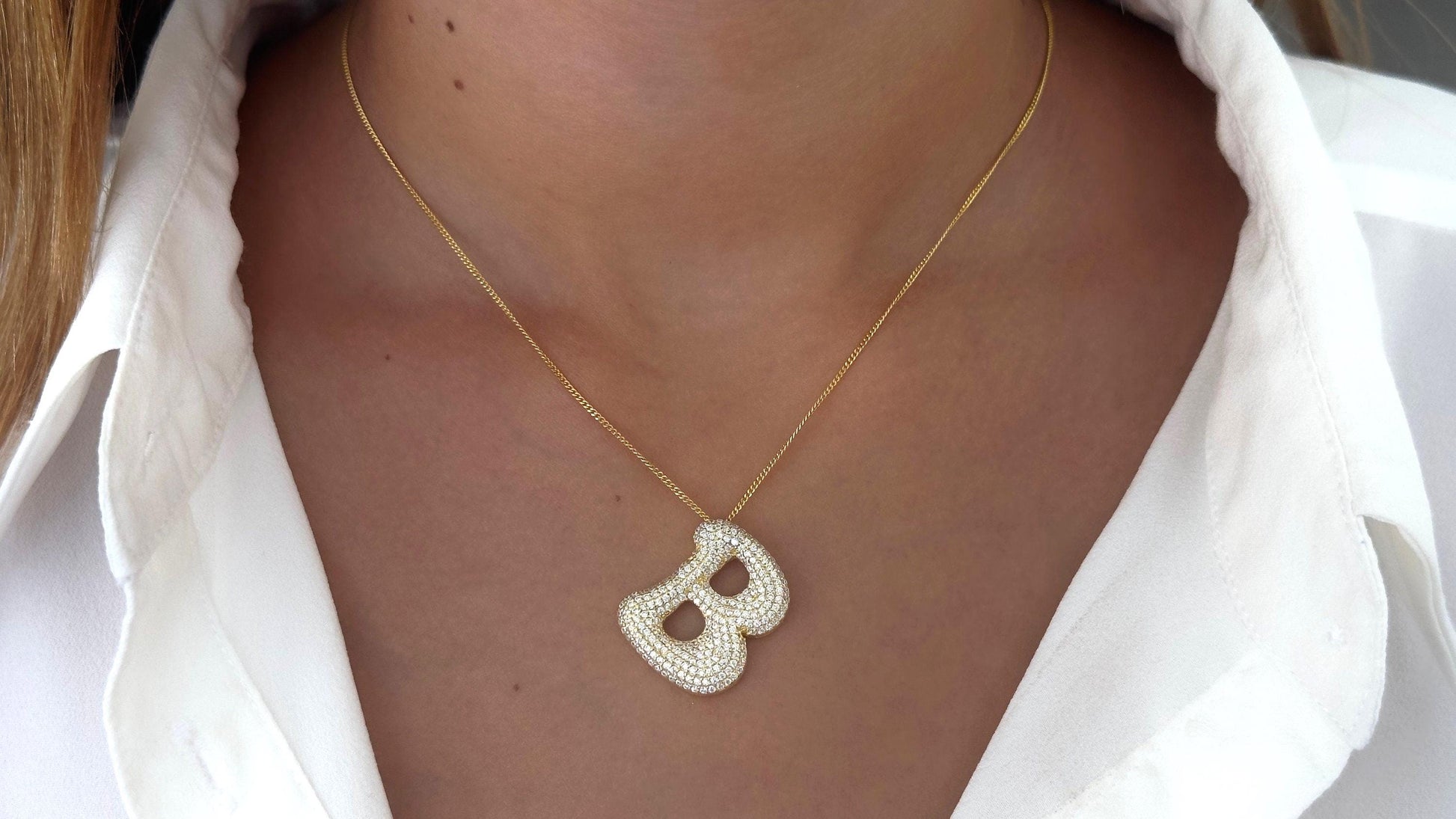 Jumbo Bubble Letter Necklace CZ Gemstone Custom Oversized Big Initial Pendant Personalized Jewelry Gift for Her 925 Sterling Silver 14k Gold
